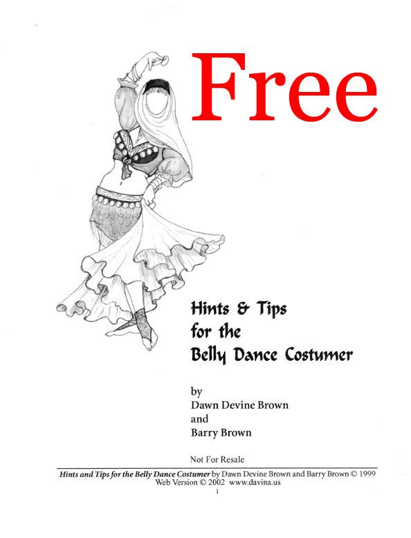 image of a document cover promoting "hints & tips for the belly dance costumer" by dawn devine brown and barry brown. the word "free" is prominently displayed in red. a black and white sketch of a veiled belly dancer is included, and the document includes copyright information and a website address.