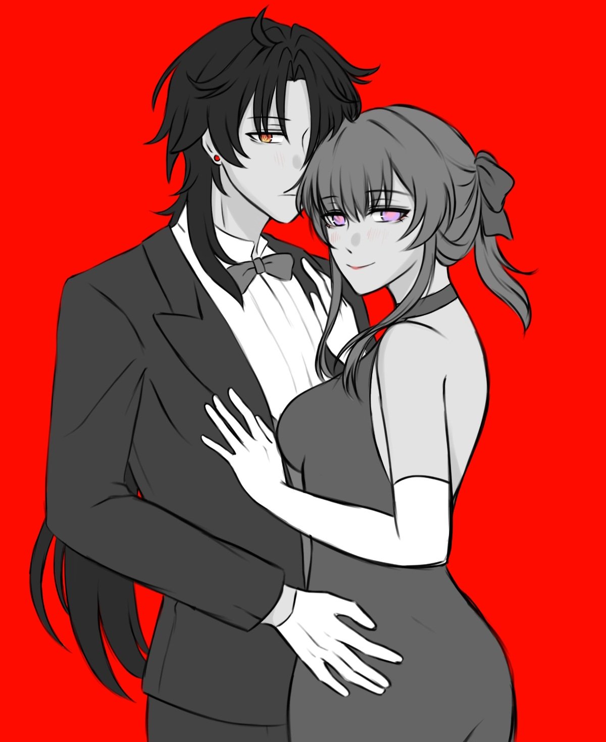 this is a digital illustration of an anime couple. the man is dressed in a tuxedo and has black hair. the woman is wearing a dress and has long brown hair. they are hugging each other and looking at each other romantically. the background is a solid red. the art style is simple and modern, with a focus on the characters' expressions and poses.
