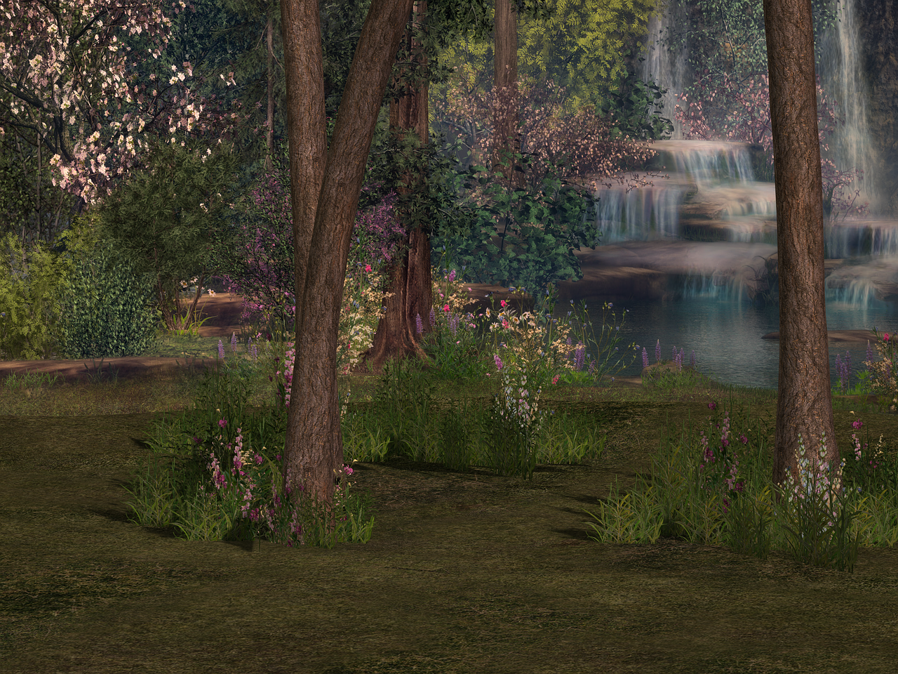 a serene forest scene features tall trees framing a multitiered waterfall flowing into a calm stream. lush greenery, including grass, bushes, and wildflowers, covers the foreground. sunlight filters through the trees, creating a dappled effect of light and shadow across the landscape.