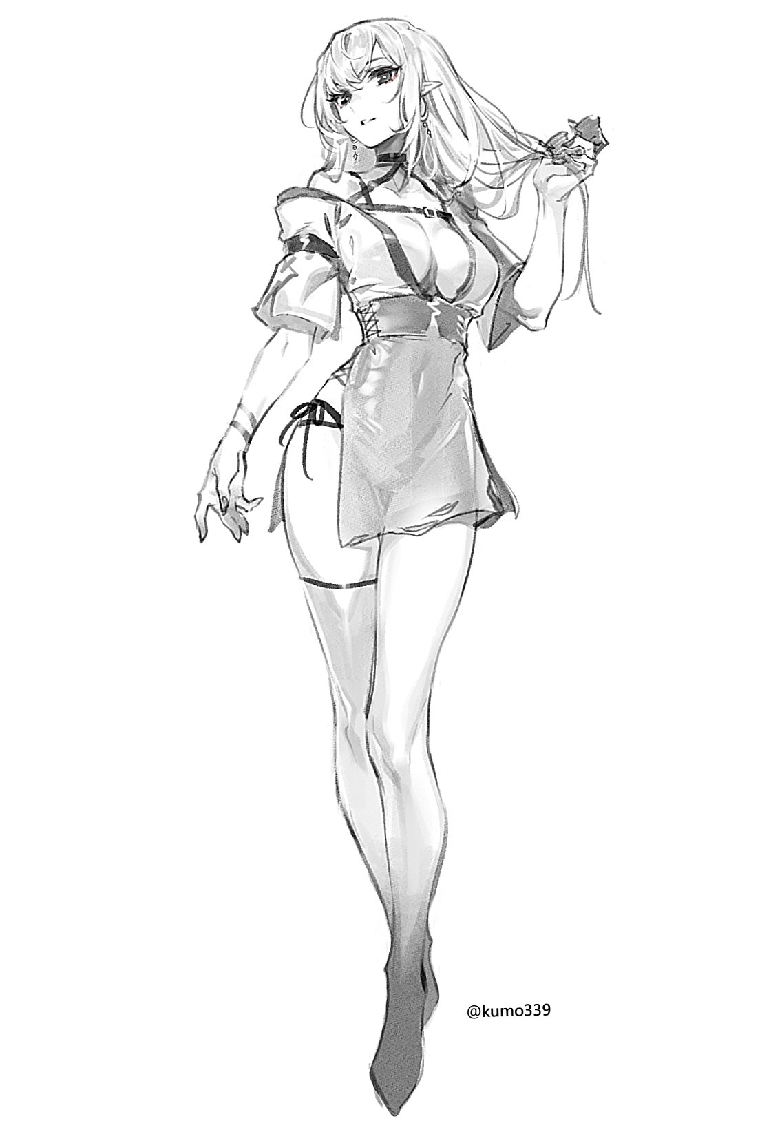 the image is a detailed light gray sketch of a slender animestyle female elf character. she is standing and facing forward, with long, flowing hair that she is holding in her right hand. she is wearing a short dress with a corsetlike waist, a choker, and thighhigh stockings. the art style is detailed and the shading is welldone. the artist's signature "@kumo339" is visible in the lower right corner.