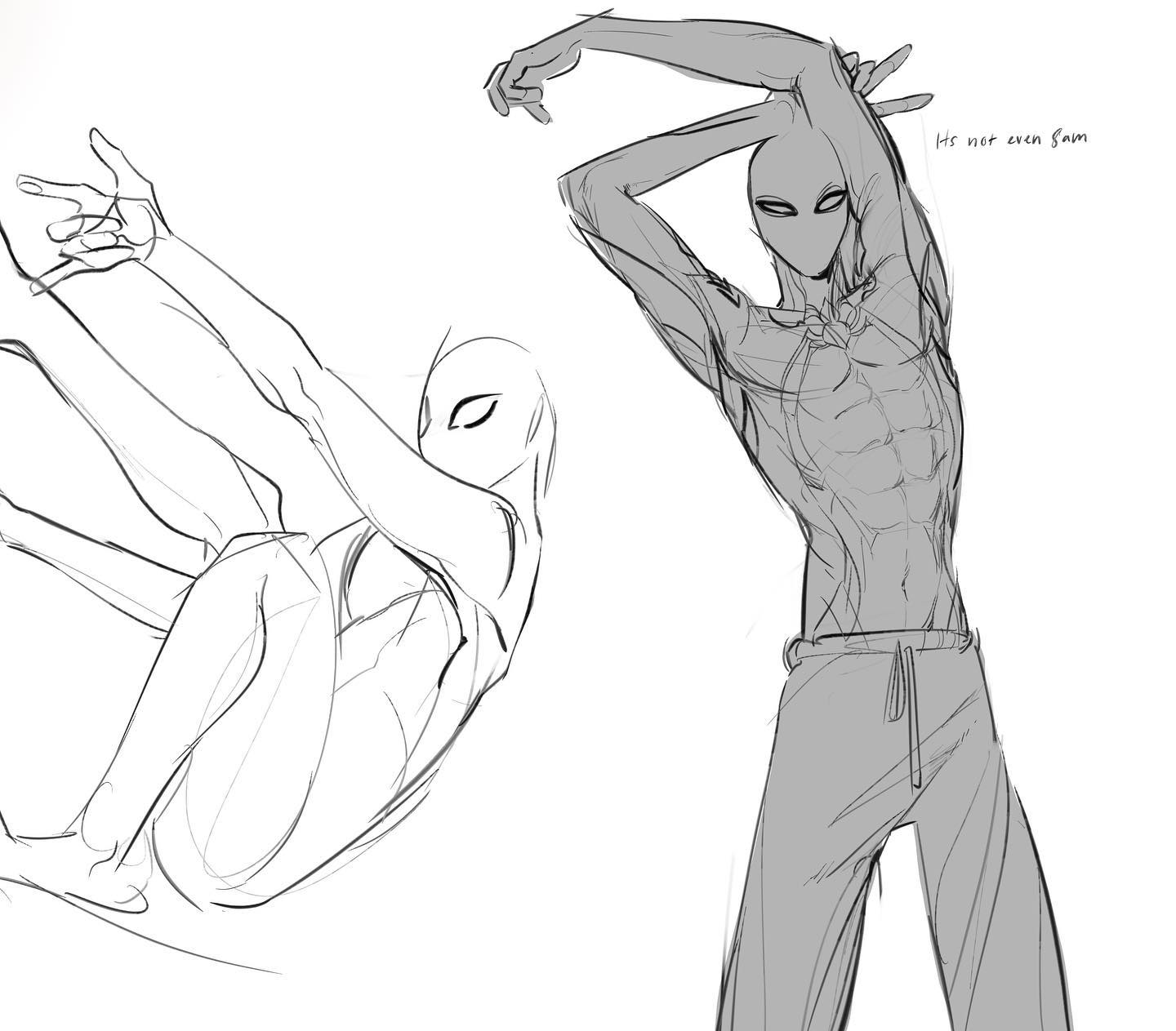a black and white sketch of a muscular man posing in two different dynamic positions. the left side showcases a more fluid pose, capturing a sense of motion, while the right side highlights the man's physique and strength in a more static stance. the artist's focus is on anatomy and gesture, using confident lines to depict the human form.