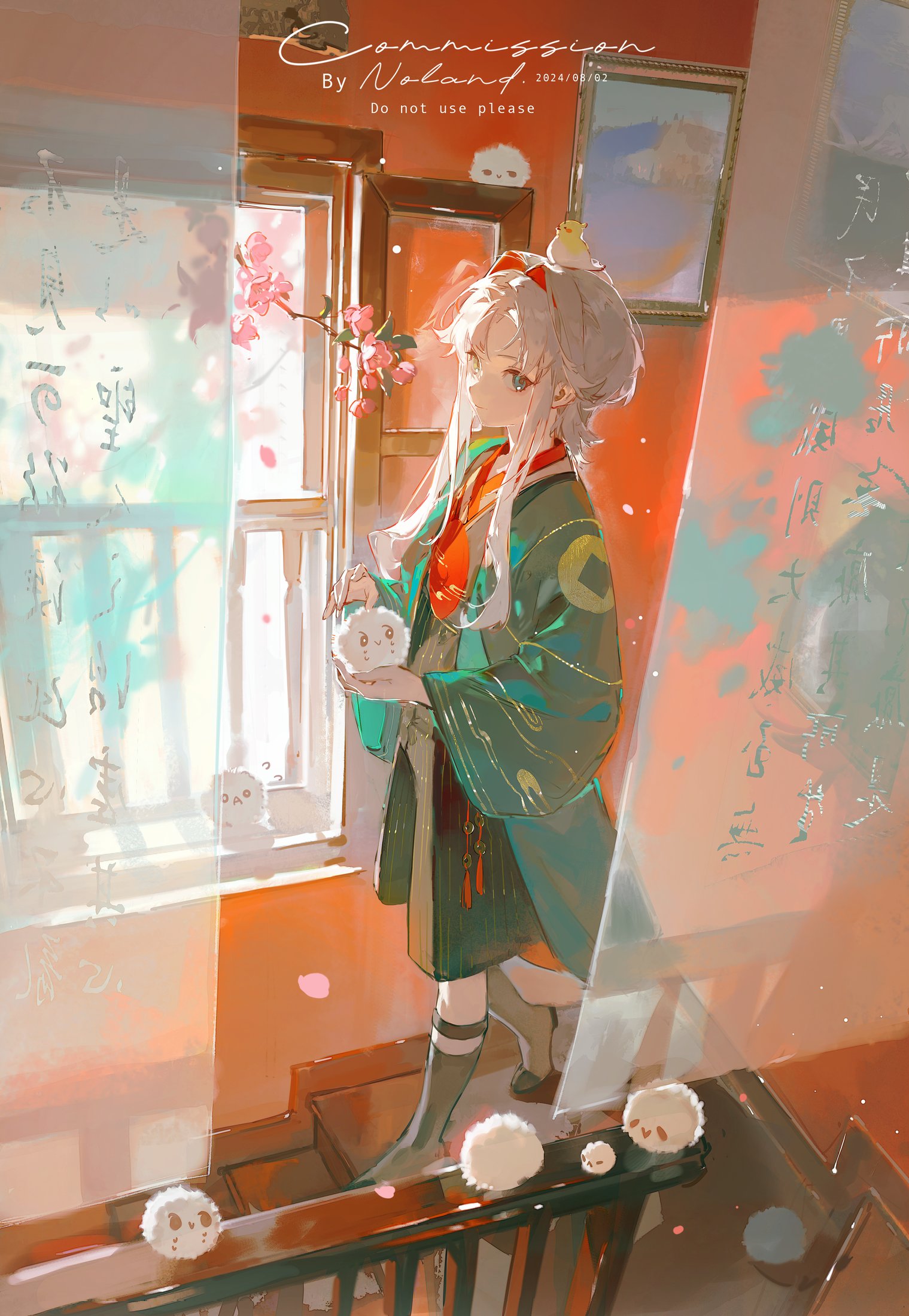 the illustration depicts a young anime girl with flowing white hair and captivating red eyes, adorned in a beautiful green kimono with gold accents. she stands on a staircase, her gaze drawn to the sunlight streaming through a nearby window. the room is bathed in a warm, inviting light, illuminating the soft details of the scene. a delicate cherry blossom branch reaches towards the window, its petals scattering gently across the floor. paintings adorn the walls, adding to the serene and contemplative atmosphere. surrounding the girl are several adorable, fluffy white creatures, enhancing the overall charm and whimsy of the artwork.