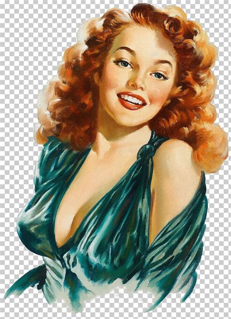 the image is a vintagestyle pinup illustration or painting of a glamorous redhead woman.  she has voluminous, curly red hair and is wearing a lowcut, tealcolored dress. her pose is flirtatious and confident, with a warm smile directed towards the viewer. the artistic style is characteristic of mid20thcentury pinup art, known for its idealized depiction of female beauty.  the background is transparent.
