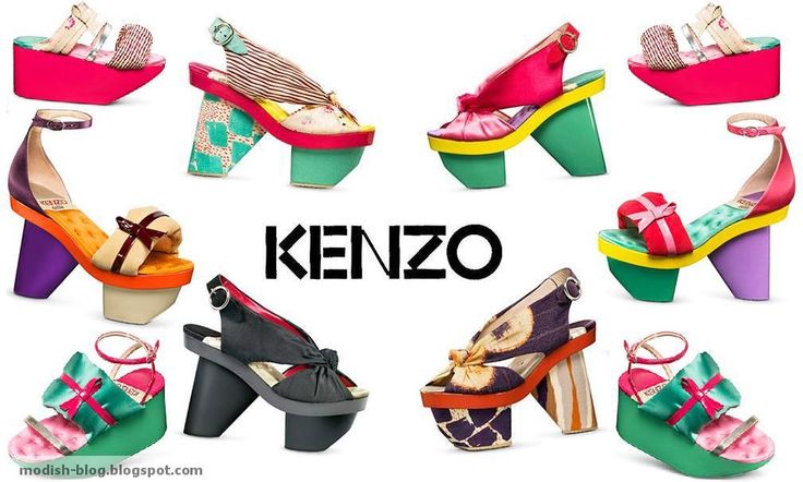 the image shows an arrangement of eight different pairs of colorful kenzo sandals and heels surrounding the brand name "kenzo" in bold black letters. the footwear features various designs including platform wedges, ankle straps, bows, and a mix of patterns and textures. the heels are predominantly colorful with vibrant hues like pink, green, purple, orange, and black. the background is white.