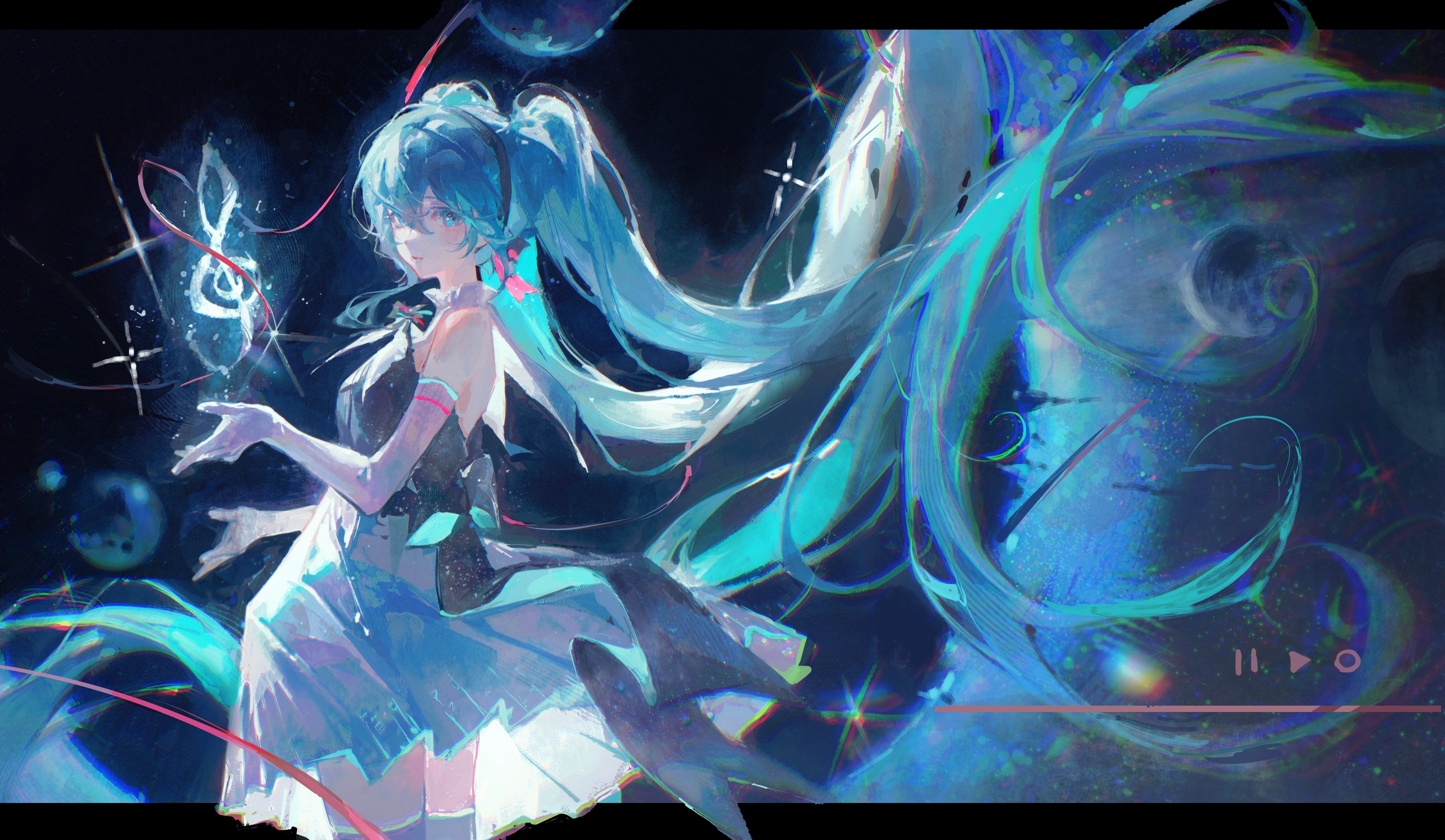 the image is a digital fanart depicting hatsune miku, a popular vocaloid character.  she is depicted in a flowing, teal dress with long, vibrant teal hair that sweeps dramatically across the scene.  she's holding a glowing music note, suggesting a musical theme. the background is abstract and cosmic, with swirling colors, stars, sparkles, and a subtle glitch effect, adding to the ethereal and magical feel. the overall style is loose and painterly, typical of modern digital anime art. a simple video player interface is visible at the bottom of the image, suggesting the artwork might be a still frame from an animation or video.