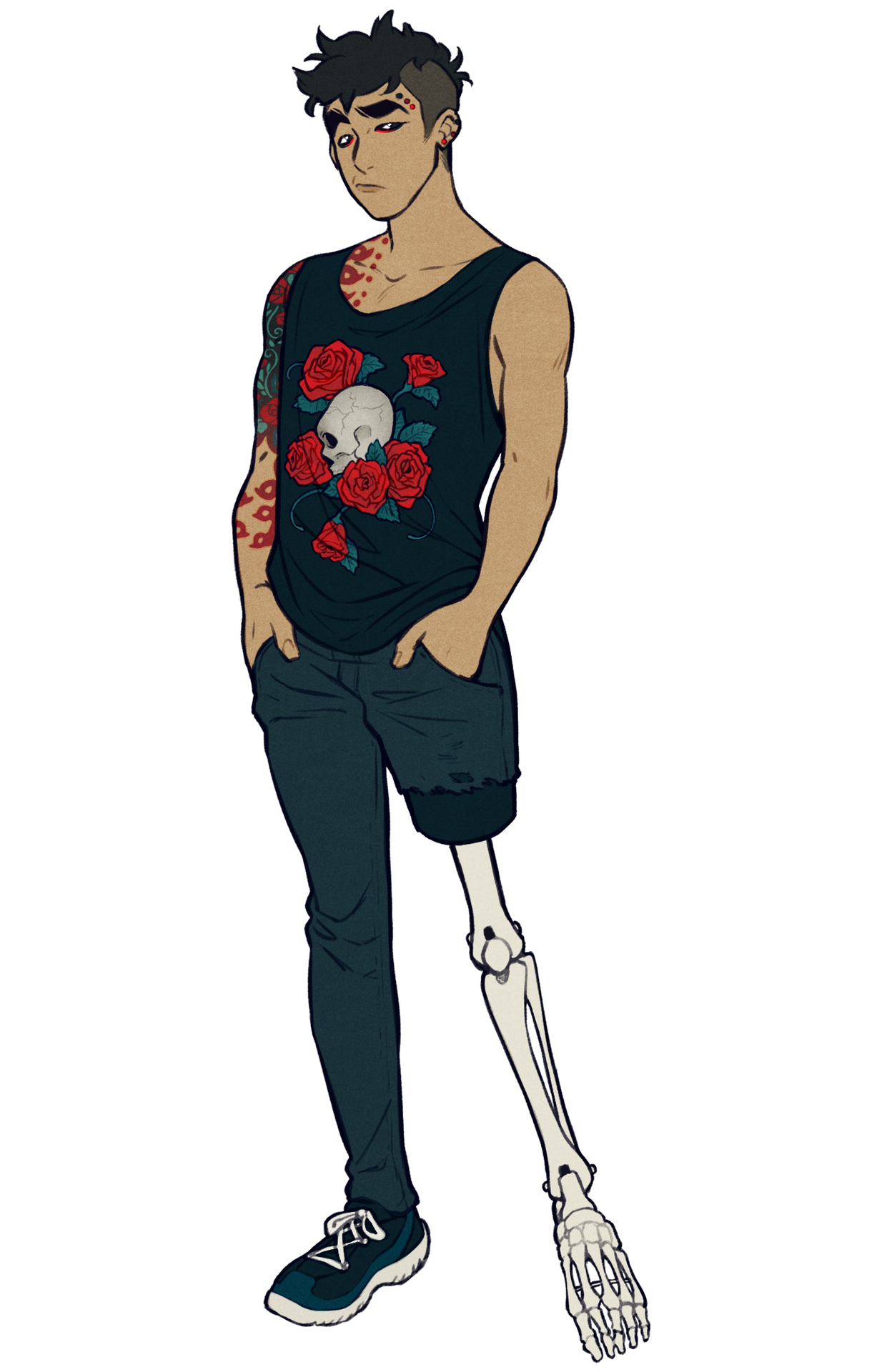 the illustration depicts a young man with a rebellious style standing against a plain white background. he is dressed in a black tank top featuring a prominent skull and roses design. his left arm is adorned with a tattoo sleeve in a similar aesthetic, incorporating red roses and intricate patterns. he sports a buzz cut hairstyle with a pronounced design shaved into the side. his expression is stoic, bordering on melancholic. the man is wearing dark blue jeans, cut off at the knee on his right leg. his left leg is a skeletal prosthetic, detailed down to the individual bones of the foot.  he wears a single blue and white sneaker on his right foot.