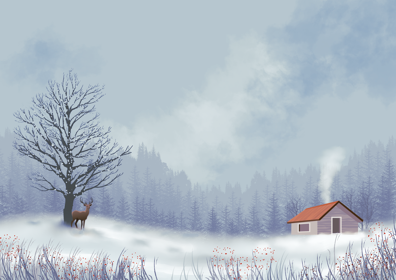 a winter landscape illustration featuring a deer standing near a bare tree on a snowy hill. in the background is a forest and a small house with smoke coming from the chimney. there are also plants and grass in the foreground. the overall atmosphere is cold and serene.