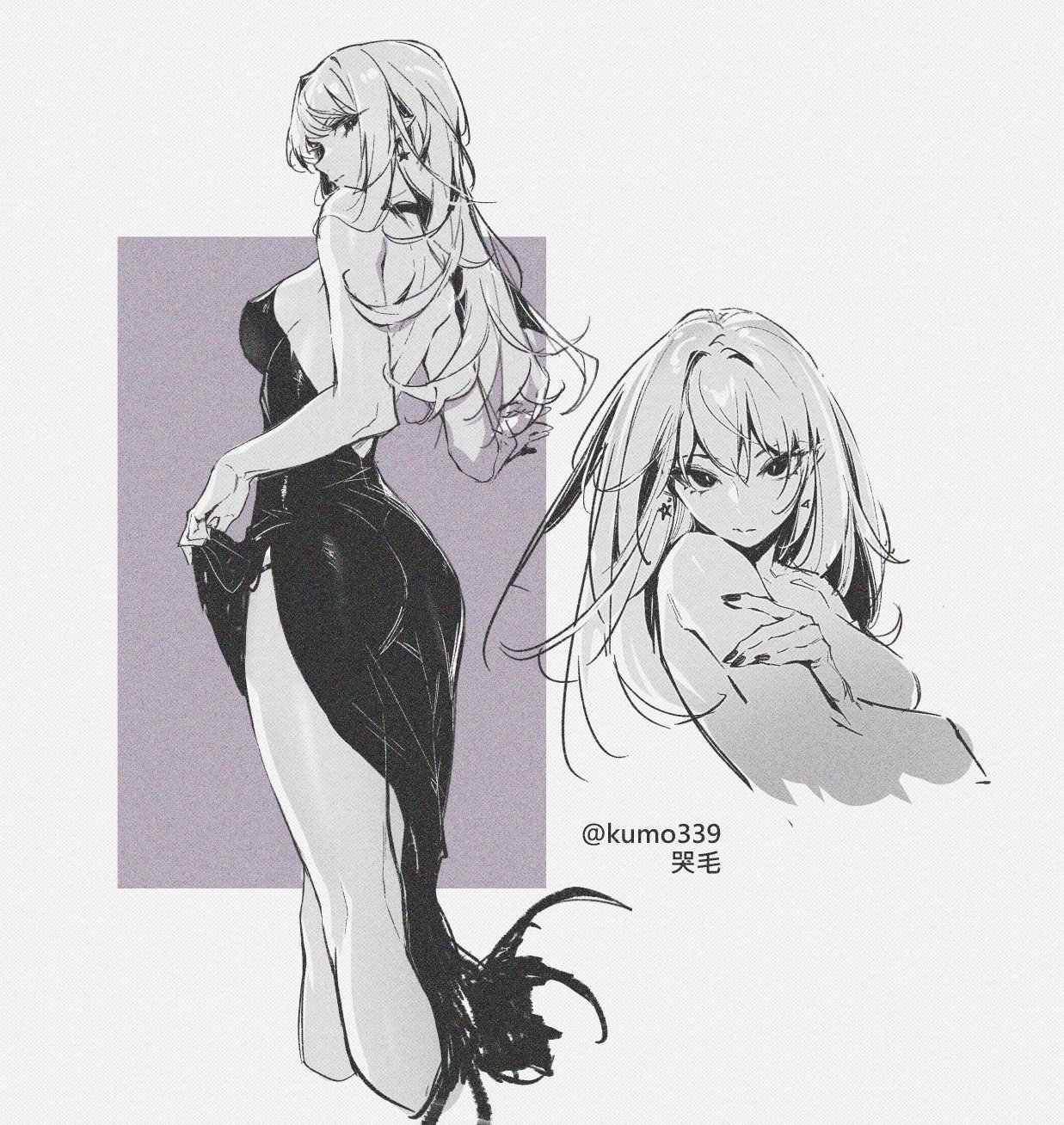 an illustration depicts a woman in a long black dress, with a separate head and shoulder sketch of the same character beside her. the fullbody image shows the woman glancing over her shoulder. the other sketch shows a closeup of her face and shoulders. the artist's handle "@kumo339" is visible near the head and shoulder sketch.