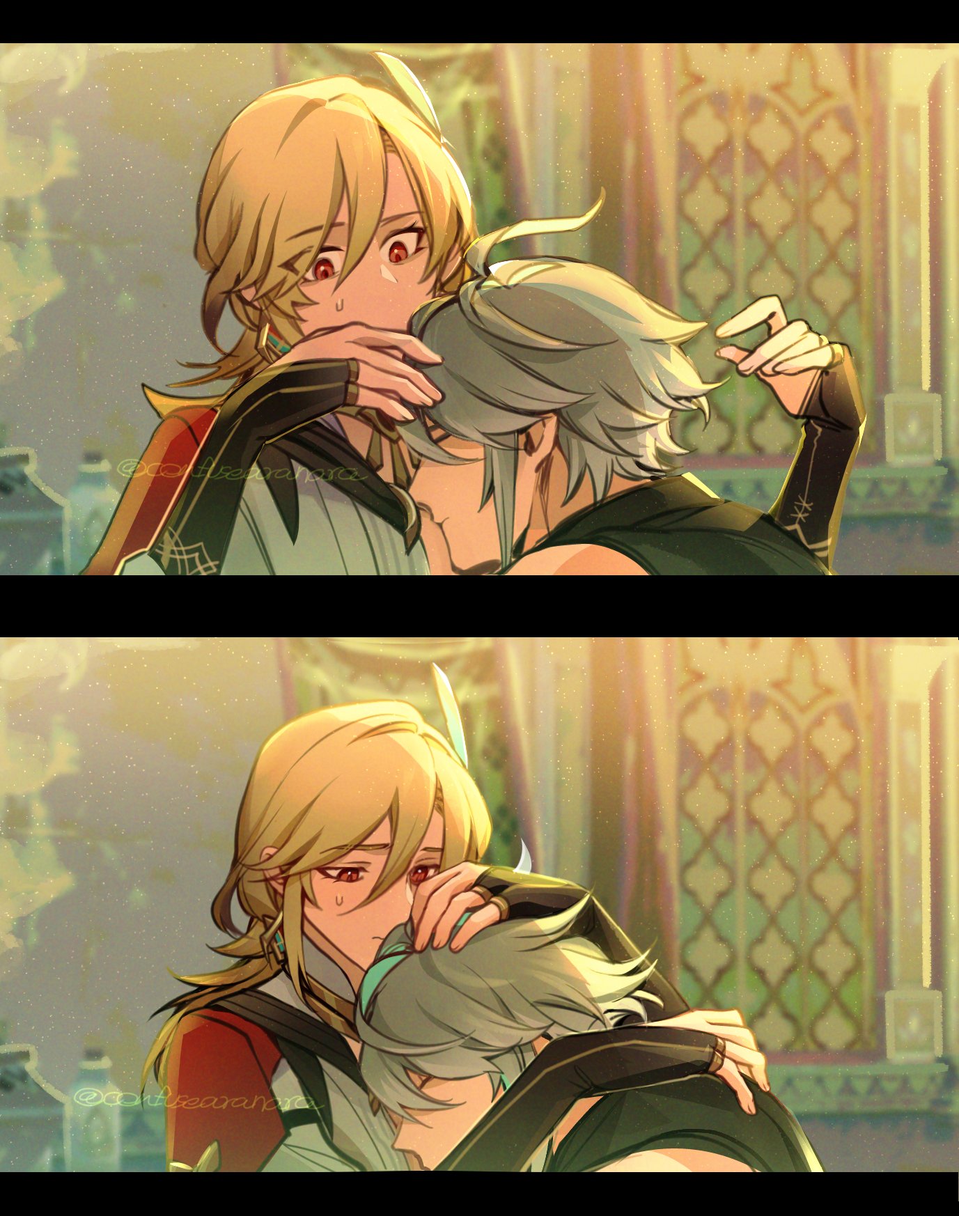 the image depicts a heartwrenching scene from the popular anime game genshin impact. it features two male characters, albedo and kazuha, locked in a tender embrace. albedo, with his signature blonde hair and white attire, is seen clinging tightly to kazuha, his greenhaired companion. tears well in albedo's eyes, suggesting deep emotional distress or a painful realization. kazuha, in turn, offers comforting warmth and support, holding albedo close as he tries to soothe his pain. the scene is rendered in a stunning, realistic art style, highlighting the intricate details of their clothing, expressions, and the delicate interplay of light and shadow. the background, adorned with an ornate lattice pattern and warm lighting, emphasizes the intimacy of the moment. the overall composition and emotional weight of the image capture the essence of this poignant relationship, leaving viewers moved by the depth of their connection.
