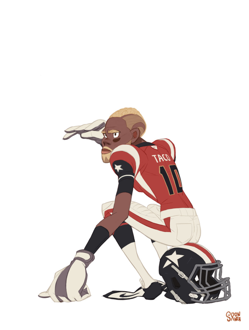 a stylized illustration of a black football player wearing a red and white uniform, taking a moment to catch his breath. he is crouched down, with one hand on his knee and the other shielding his eyes as he looks into the distance. his helmet rests on the ground beside him.  the style is graphic and slightly exaggerated, with a limited color palette.