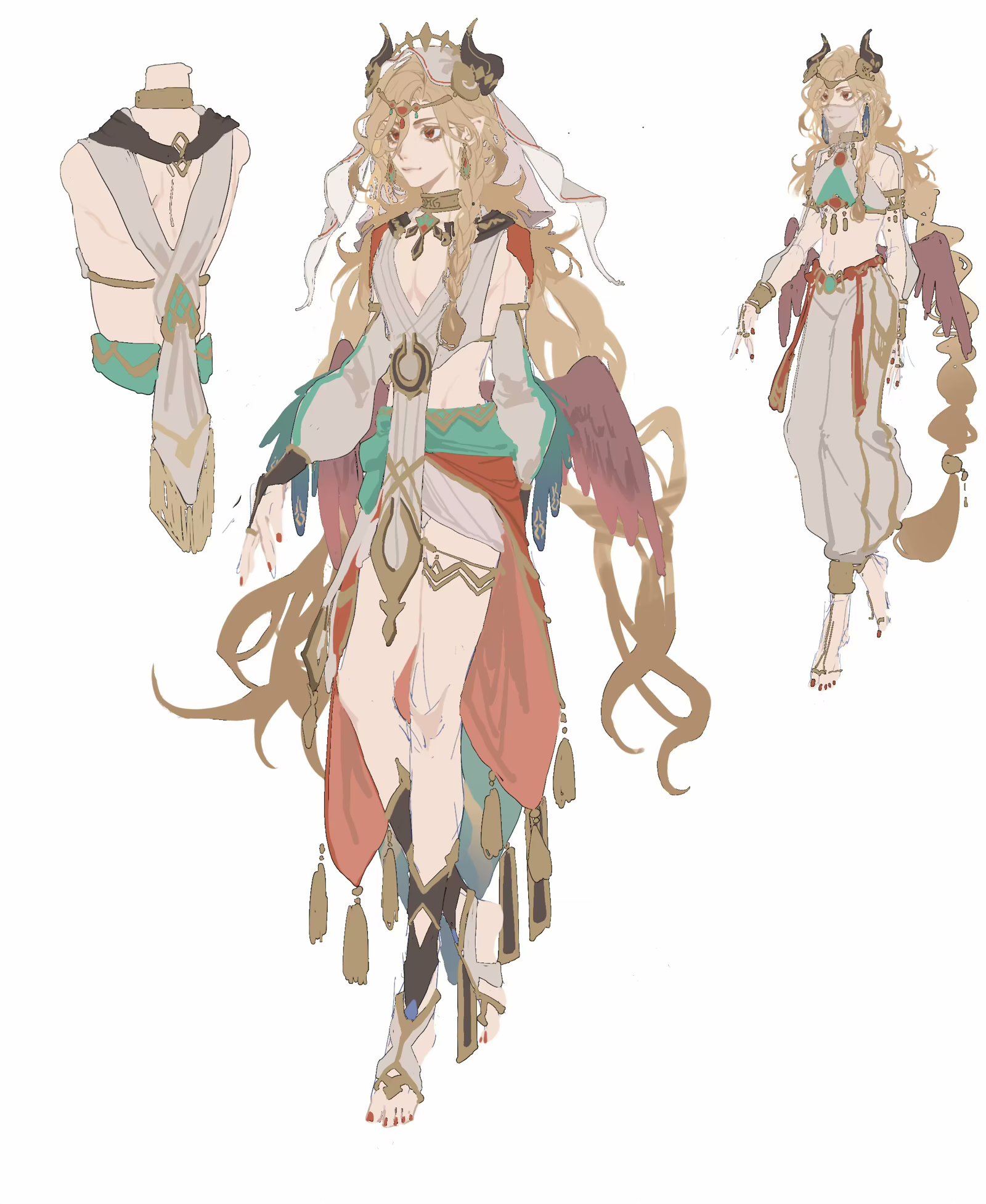 this is a digital illustration of a female character design in a fantasy style. she is wearing a white, red, and blue outfit that includes a skirt, a belt with a golden design, and sandals.  she has long blonde hair with angel wings. she also has horns on her head and appears to be looking towards the viewer.  the background is a simple white color.