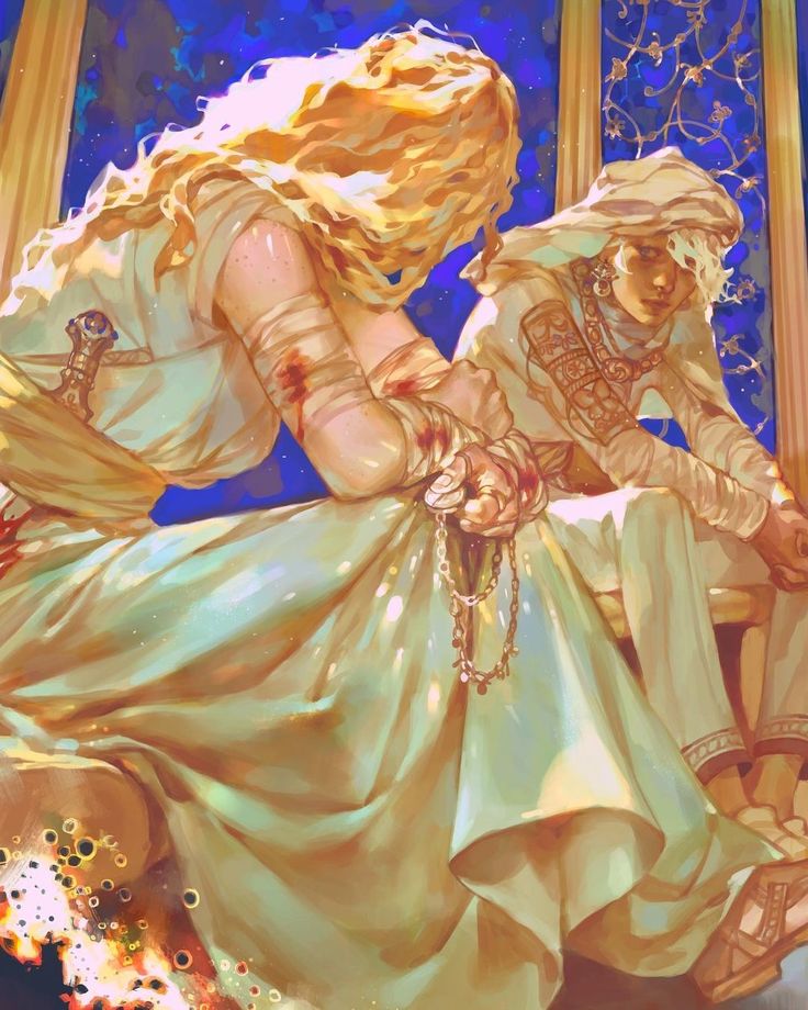 the image is a digital painting depicting two women in flowing, lightcolored robes.  one woman, with long blonde hair, is shown prominently in the foreground, her arms and torso bandaged, suggesting recent injury. she holds a small, ornate object that appears to be a religious item.  blood stains are subtly visible on her bandages. she sits with her head bowed in what seems to be a posture of sorrow or pain.  the other woman, wearing a hooded robe, sits beside her, also appearing distressed. the background features a night sky seen through an ornate window, suggesting a setting of either a grand building or a fantastical structure. the overall style of the piece is painterly and dramatic, evoking a sense of sadness and perhaps a mystical or historical narrative.  the colors are warm, primarily golds and creams, contrasting with the cool blue of the night sky.