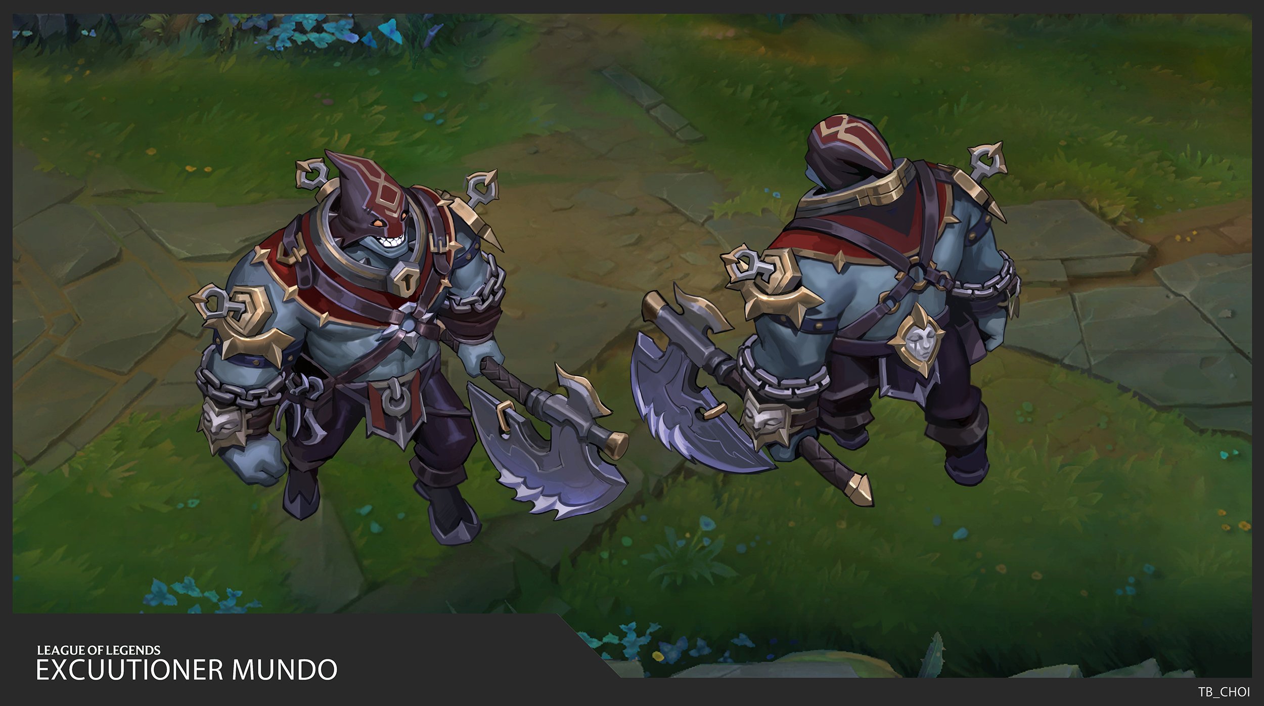 the image showcases isometric artwork of the "executioner mundo" skin from the popular video game league of legends. two angles of the character are displayed, one facing forward and the other from the back. mundo is depicted as a large, muscular, blueskinned humanoid with red armor, wielding a large battleaxe. he has chains adorning his arms and a unique helmet/mask. the artwork is rendered in a detailed and vibrant fantasy style, clearly showcasing the design and aesthetics of the ingame skin, against a background of a stylized grassy path.  the artist's signature, tb_choi, is visible in the lower right corner.