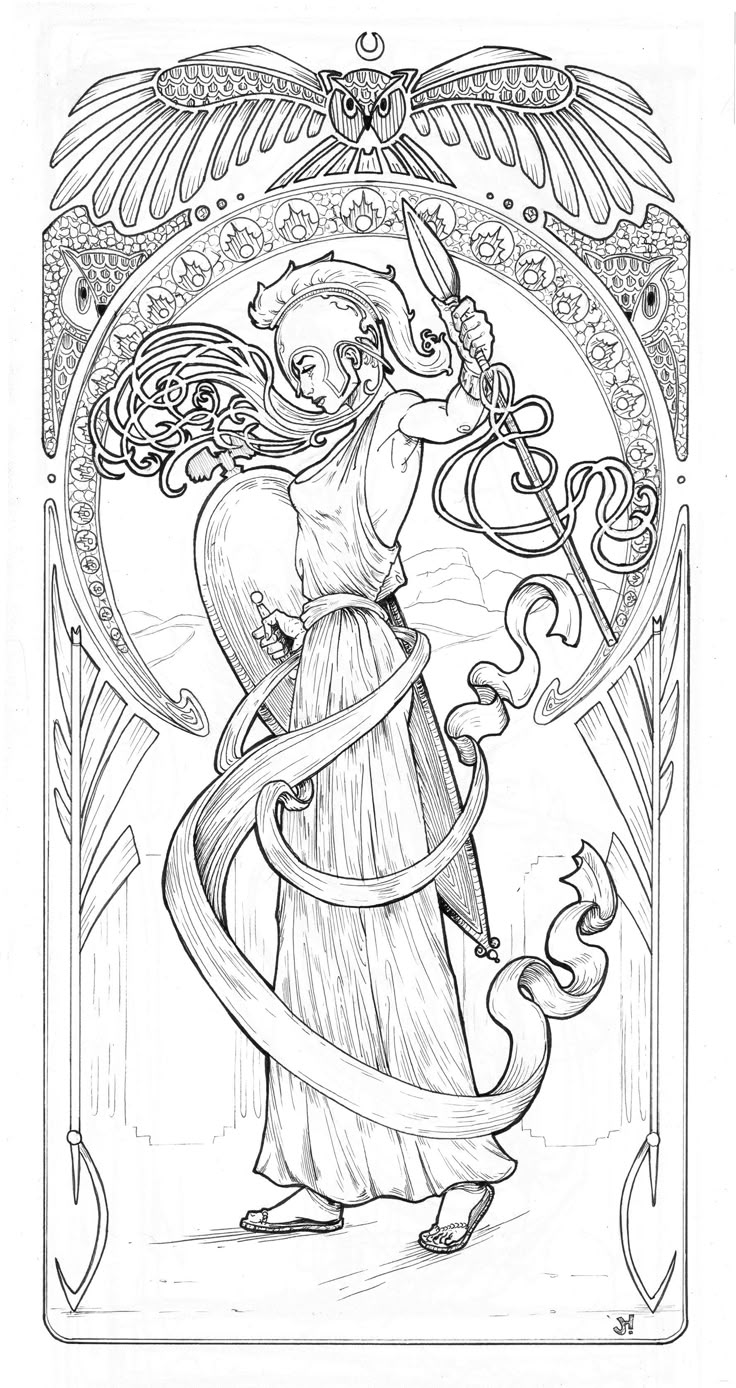 a black and white illustration in art nouveau style depicting the greek goddess athena. she is shown in profile, wearing a helmet and holding a spear and shield. a ribbon swirls around her. at the top of the image is an owl with outstretched wings. the image is framed by an ornate border.