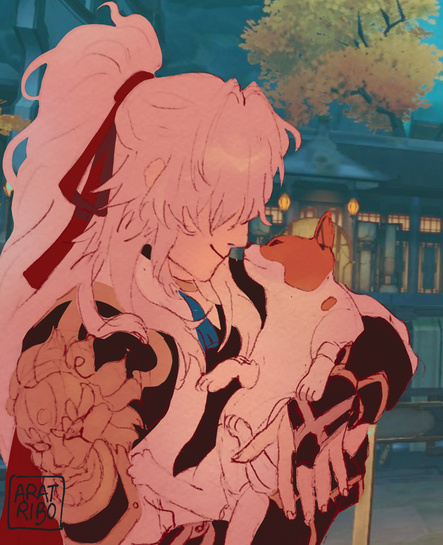 this is a digital art illustration of an anime character, a young woman with long pink hair, holding a white cat in her arms. the character is wearing a red, black, and white kimono, with a blue and white sash. the background is a night scene with a cityscape and full moon. the overall style is very cute and sweet, with a magical and fantasy feel. the illustration is full of love and affection between the character and her cat. the artwork is well done, with a lot of detail and a vibrant color palette.