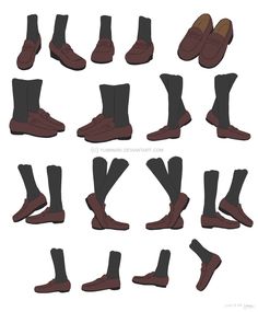 the image shows a variety of drawings of feet wearing shoes in different positions. it seems to be a reference for artists to learn how to draw feet.