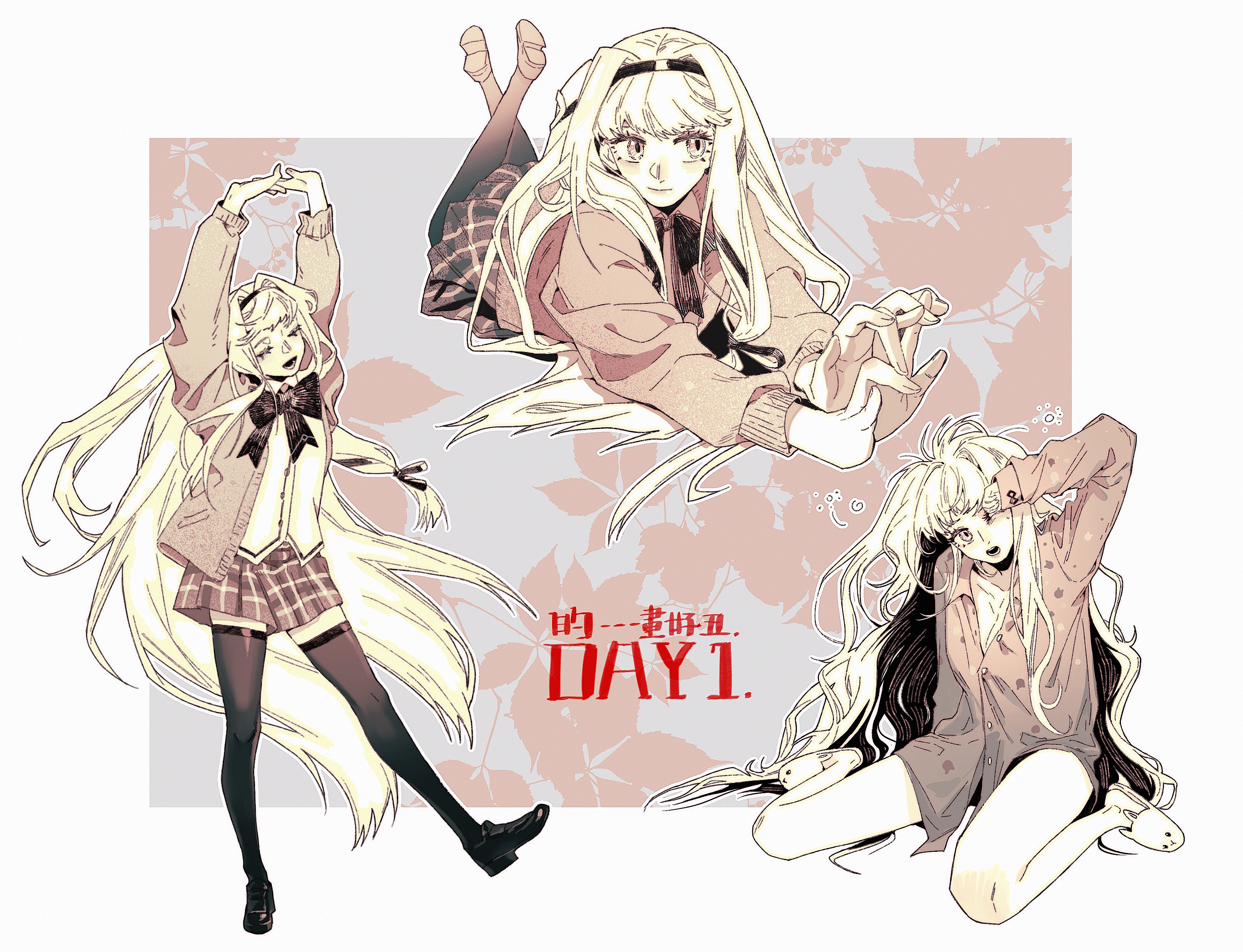 this is an illustration of three anime girl characters. one girl is standing, while the other two girls are sitting. one girl is wearing a plaid skirt and a long sleeved shirt and is standing with her arms up in the air. the second girl is sitting with her arms behind her head. the third girl is sitting and holding her hands in front of her. the backgrounds of the three girls are each different. the girls are all drawn with colorful and detailed hair, outfits and backgrounds.