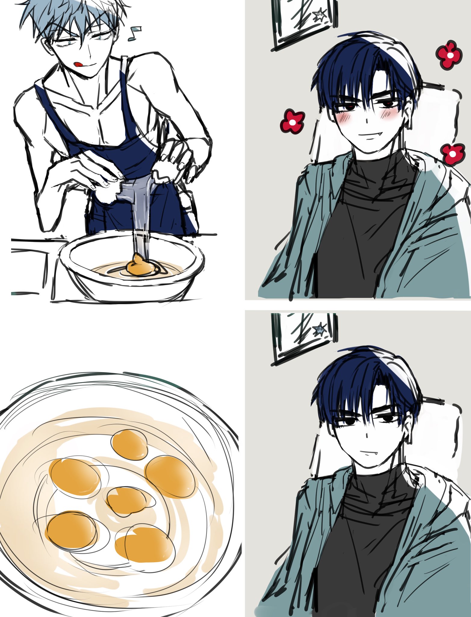 this is an illustration of an anime boy cooking in the kitchen. he's smiling and whisking some eggs in a bowl. the second panel shows him smiling, with his hair done, and wearing a jacket. the third panel shows him sitting in a room, with his hair down. the fourth panel shows a bowl full of eggs. it looks like he's preparing a meal.