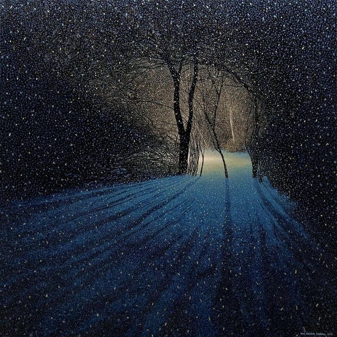 the image is a stylized artwork depicting a winter scene.  the focus is on a snowcovered path winding through a dark forest under a falling snow. the trees are silhouetted against a slightly brighter area at the end of the path, creating a sense of depth and leading the viewer's eye into the scene. the overall color palette is dark blues and deep blacks, contrasted by subtle lighter areas of beige and offwhite within the trees and along the path, suggesting a soft light source. the texture of the image is highly detailed, seemingly created with a pointillist or impressionistic technique, giving the snow a granular appearance and adding a sense of movement and atmosphere. the scene evokes a feeling of quiet solitude and winter magic.