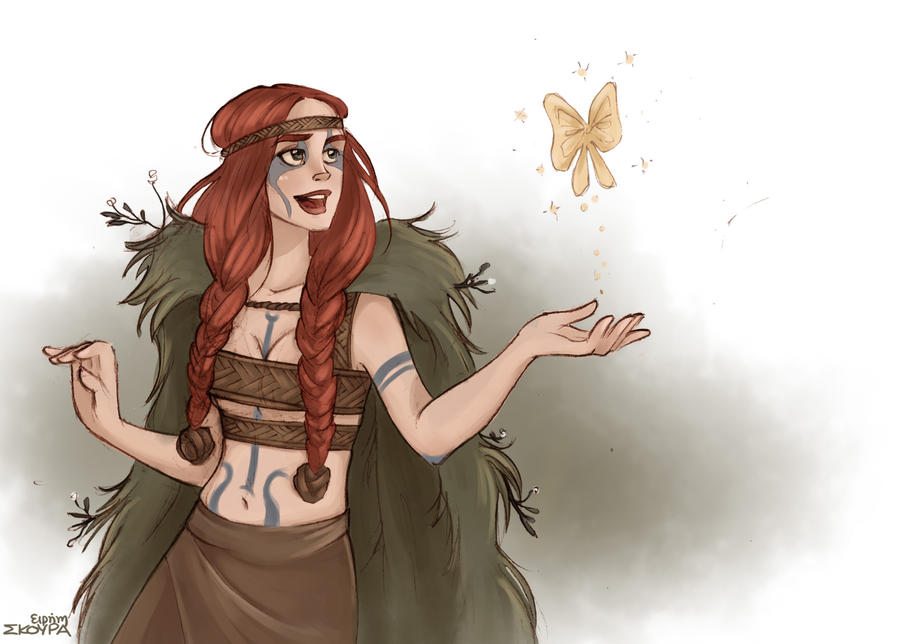 the image is a digital painting depicting a fantasy female character.  she has long, braided red hair, and wears a tribalstyle outfit consisting of a brown top and skirt, adorned with what looks like woven materials. she also has a green cloak or shawl of fur or similar material draped over her shoulders. the character is adorned with blue tattoos or body paint. her expression is joyful and she is shown extending her hand towards a glowing, golden bowshaped object that appears to be floating in the air and dispersing golden particles. the overall style is soft and dreamy, with a muted color palette emphasizing greens, browns, and reds. the background is muted, allowing the character to be the focal point. the style suggests a blend of fantasy, folklore, and possibly celtic or other ancient cultural influences.