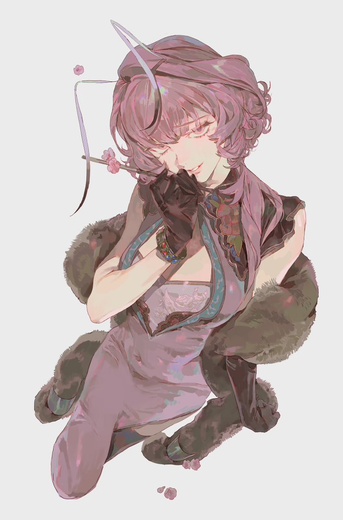 the image depicts an animestyle character that appears to be a fantasy creature. she has pink hair styled in short curls, insectlike antennae, and is wearing a light pink cheongsamstyle dress with intricate detailing. over her shoulders, she wears a fur shawl. the character is also wearing black gloves. she holds a flower near her face, adding to the serene atmosphere of the artwork. the background is a plain light gray, which makes the character stand out.