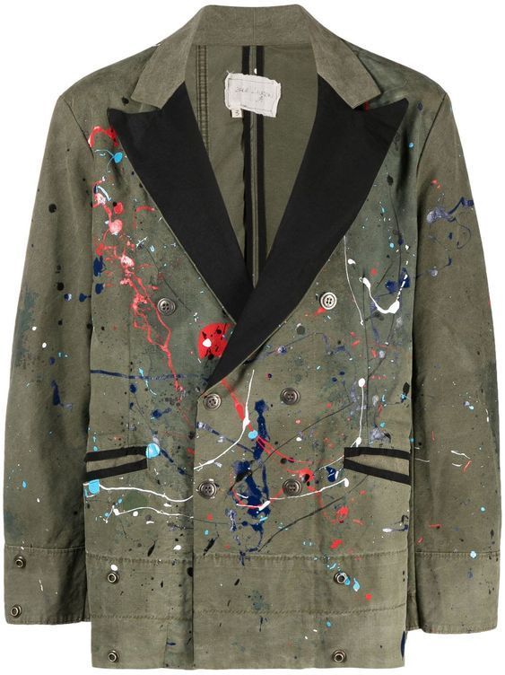 this is a men's green jacket with a doublebreasted button closure and black collar. it has paint splatter all over it and is a casual wear item for men.