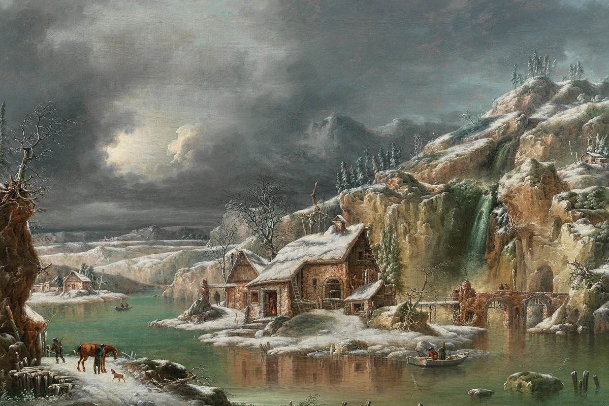 a winter landscape painting depicts a scene with snowcovered houses nestled by a lake and rocky terrain. mountains loom in the background under a cloudy sky. a horse and dog stand near people on the shoreline, while boats float on the water. a bridge spans part of the lake, and a waterfall cascades down a rocky cliff. the houses have snow on their roofs, and the trees are bare.