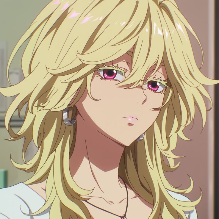 the image is a closeup portrait of a young animestyle woman. she has long, wavy blonde hair that frames her face. her eyes are a striking pink or magenta, and she's wearing simple hoop earrings and a delicate necklace. she has a serious or perhaps slightly pensive expression on her face. the art style is characteristic of modern anime, with detailed hair and soft shading. the background is blurred and indistinct, drawing focus to the character.