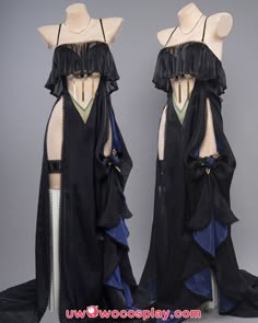 two female models are wearing the same black dress, one is standing on the left side of the image and the other on the right. the dress is long, sleeveless, with ruffle details. the dress has a white trim, blue trim, and gold trim. the models are standing with their arms by their sides, their faces are not visible.