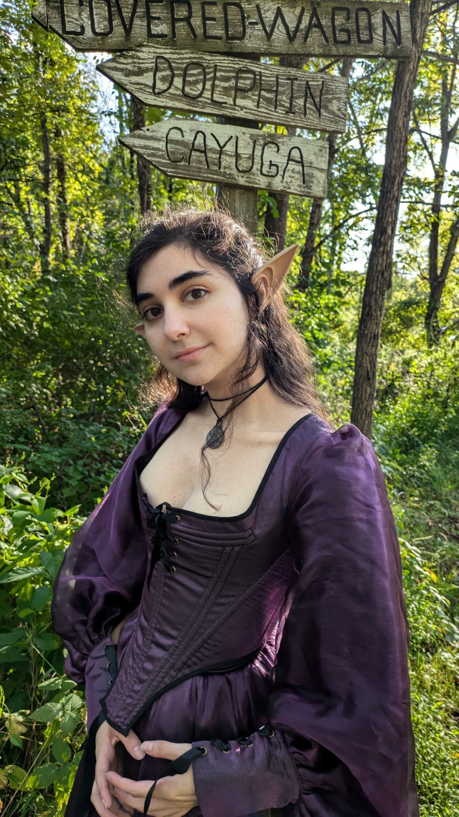 a young woman dressed in an elaborate purple renaissancestyle corset and gown stands in a forest setting. she has pointed elf ears and is wearing a dark necklace.  a wooden signpost behind her points in different directions with the names "lowered wagon," "dolphin," and "cayuga" written on it.  the scene is whimsical and evocative of fantasy.  the woman is looking directly at the camera with a slight smile.