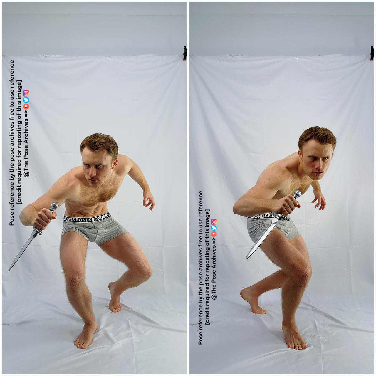 a shirtless man with short brown hair, wearing only grey underwear, is in two dynamic poses on a white backdrop. he holds a dagger in each hand, his body angled and muscles tense as if ready to strike.