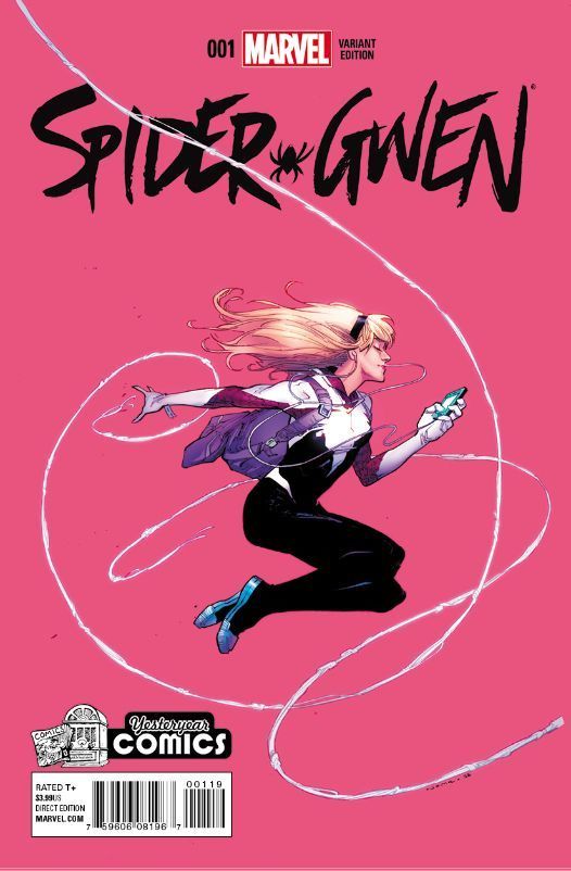 this is a variant cover for spidergwen #1.  spidergwen, gwen stacy as spidergwen, is shown running and jumping while using her webbing to travel through the air.  she is shown wearing her spidergwen costume, which is a white and black variant of the spiderman suit.  her hair is long and blonde.  she has on a white pair of headphones and is holding a phone.  the background is pink with white spider web lines.  the logo for marvel comics is in the top right corner and the title for the comic "spidergwen" is in large, black letters across the top of the image.  the word variant is in small text next to the marvel logo. the number "001" for the issue number is in the top left corner.  the lower right of the image shows the cover for yesteryear comics with the barcode for the comic.  the cover of the comic is rated t.