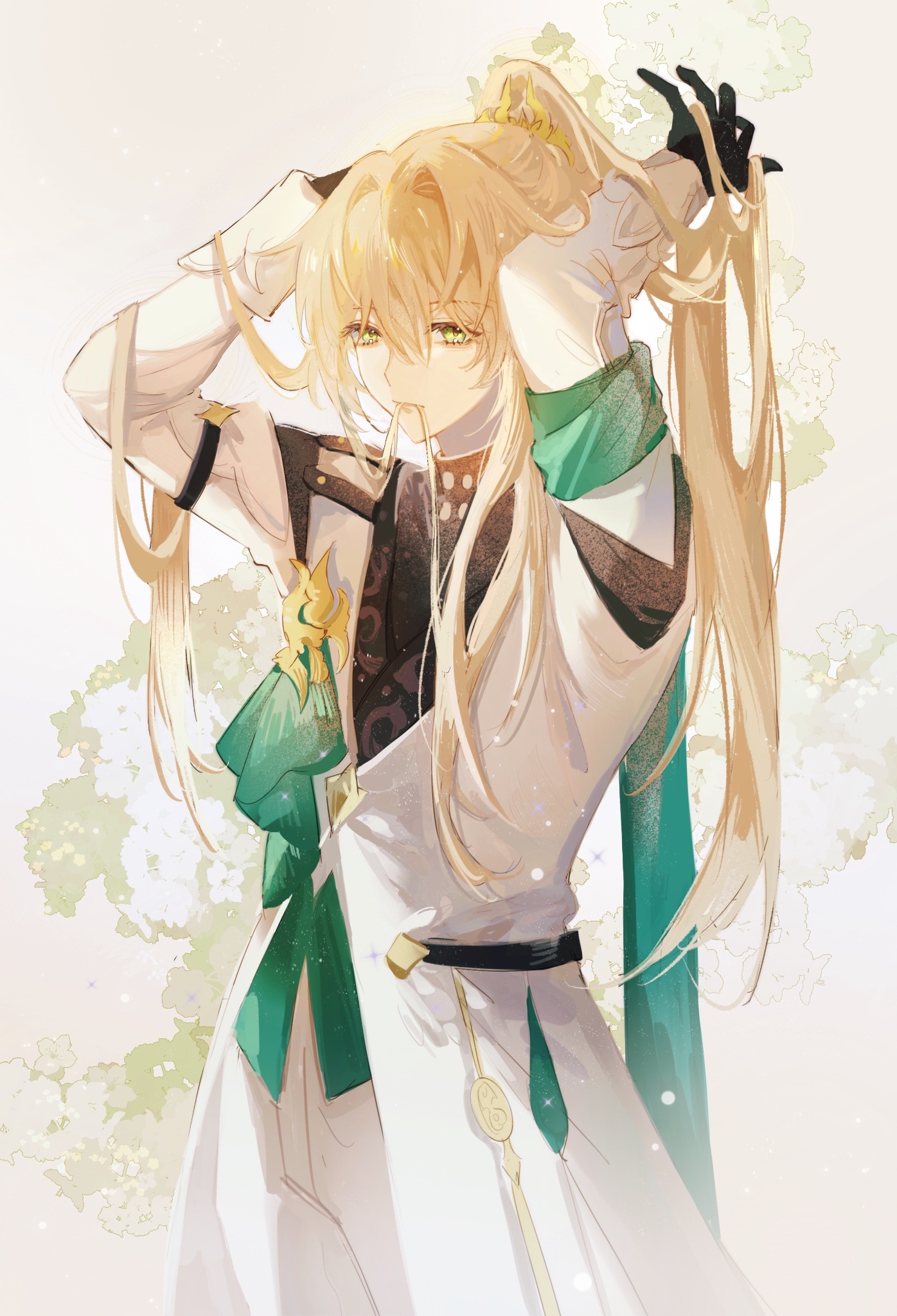 the image is a digital art illustration of an anime character. the character is a young man with long blonde hair, tied in a ponytail. he is wearing a white and green outfit with a black belt. the background is a soft light pink with white flowers. he is looking to the side with a slightly sad expression.