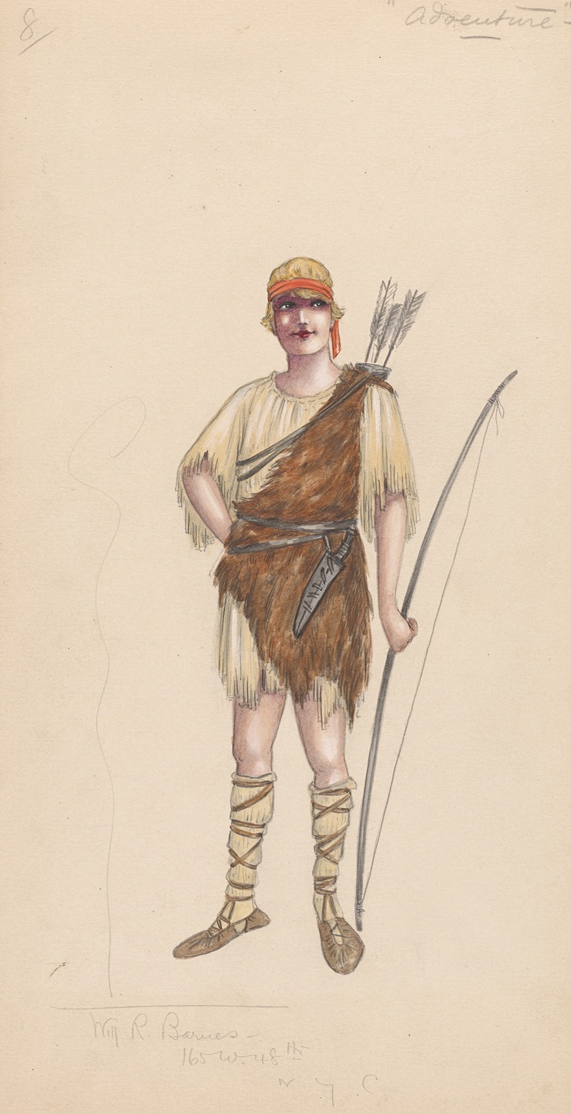 costume design illustration of a warrior for "adventure." the warrior is wearing a tunic with fringe, fur garment, sandals, and a headdress. the warrior is holding a bow and arrow.