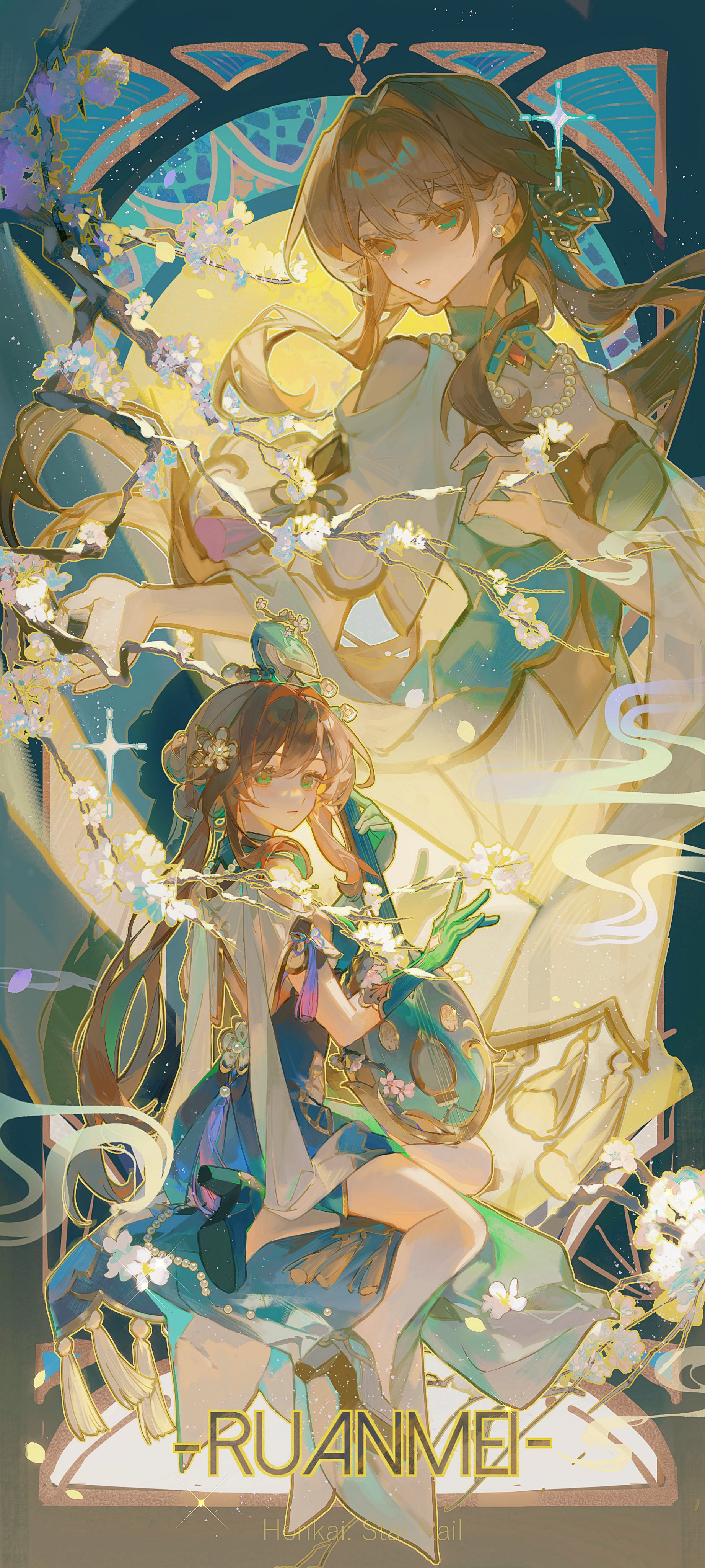 this is an illustration of two female characters from the game genshin impact: raiden shogun and yae miko. the composition is framed within a decorative border reminiscent of art nouveau style. both characters are dressed in elaborate outfits with blue and white as the main colors. the background is a soft yellow with stylized floral designs. raiden shogun is depicted in the upper portion of the image, seemingly floating above yae miko, who stands with a confident posture in the lower half. the overall atmosphere is dreamy and ethereal.