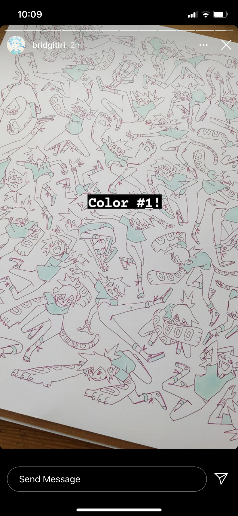 an image of a drawing on a table. the drawing is of a cartoon character repeating in various poses. there is text on the image that says "color #1!". the image is a screenshot from instagram.