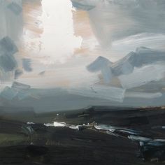 an abstract landscape painting depicting a field with a path leading towards the horizon. the sky is filled with grey and white clouds, with the sun breaking through in the upper center, casting a warm light on the scene. the brushstrokes are loose and expressive, creating a sense of movement and atmosphere.