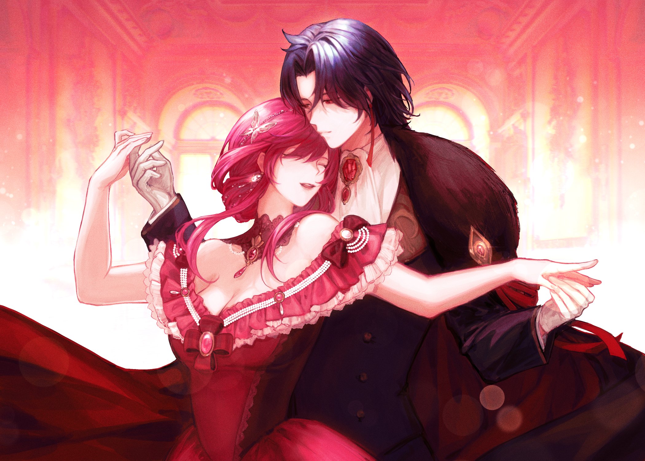 a romantic illustration of a man and woman dancing in a ballroom. the man is wearing a black suit with a red tie and the woman is wearing a red dress with a lace bodice. they are looking at each other with love in their eyes. the background is a soft pink and white, with the setting sun shining through a large window.