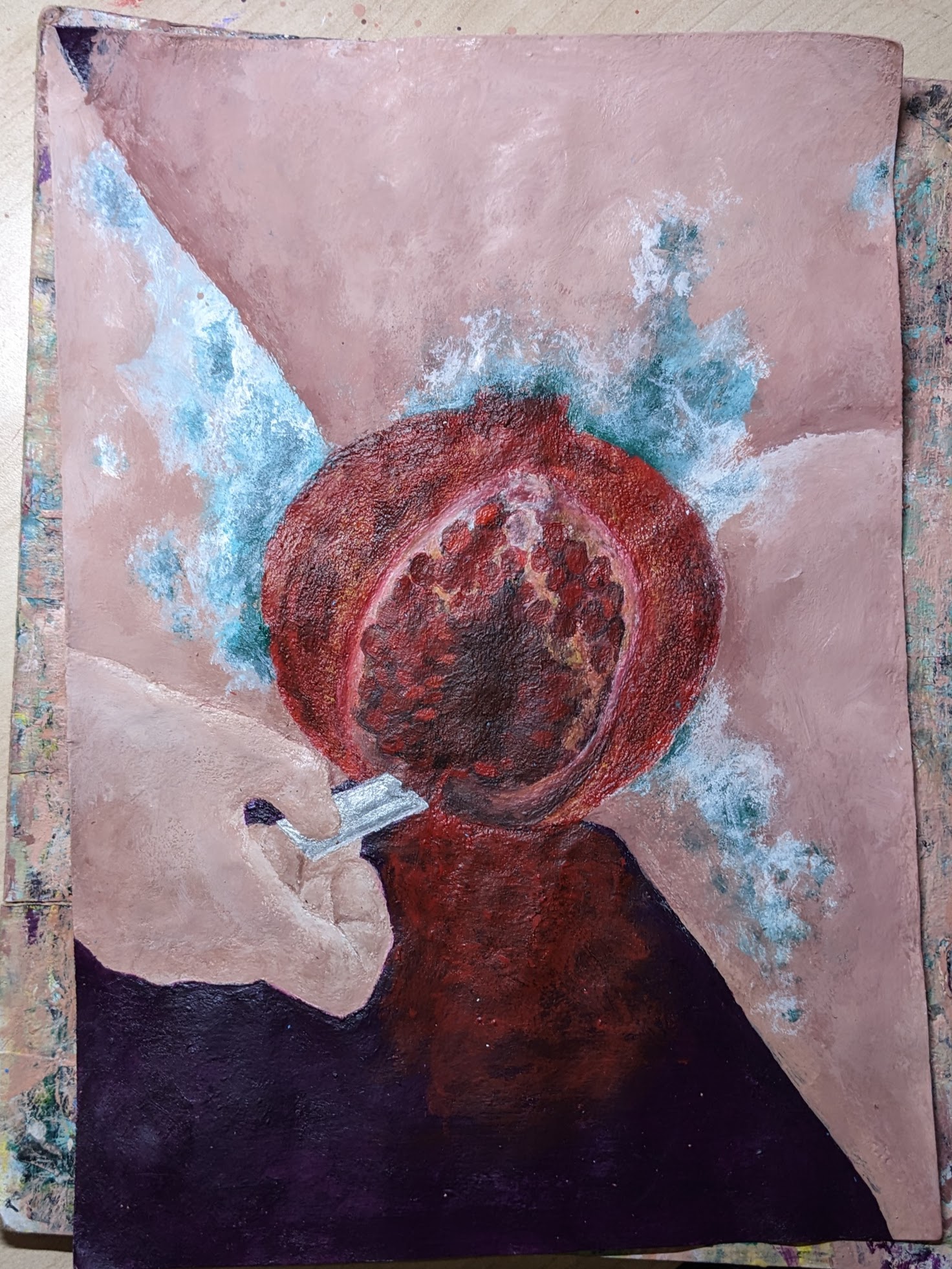 this painting depicts a hand holding a knife poised above a halved pomegranate, with its seeds visible. the background is a swirling mix of abstract shapes and textures, creating a surreal and dreamlike atmosphere. the colors are rich and vibrant, with bold strokes and expressive lines. the work is characterized by its figurative elements and expressionistic style.