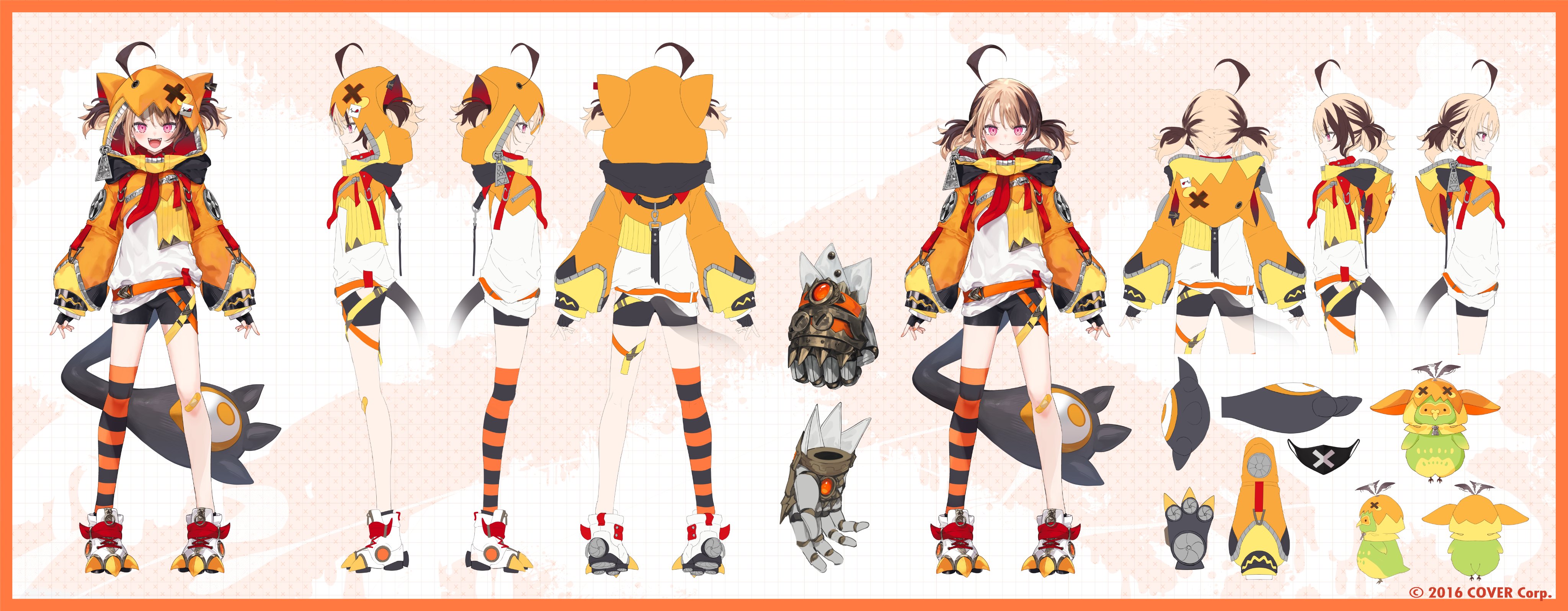 a character design sheet for a female anime character with multiple views: front, back, side, and closeups. the character has short brown hair, brown eyes, and wears a white and orange hoodie with catlike ears, black shorts, orange and white striped stockings, and white and orange boots. she also has a robotic arm and a small, flying creature companion. the style of the art is typical of anime and manga, with large eyes, exaggerated features, and vibrant colors. the background is a simple offwhite with a faint orange pattern.