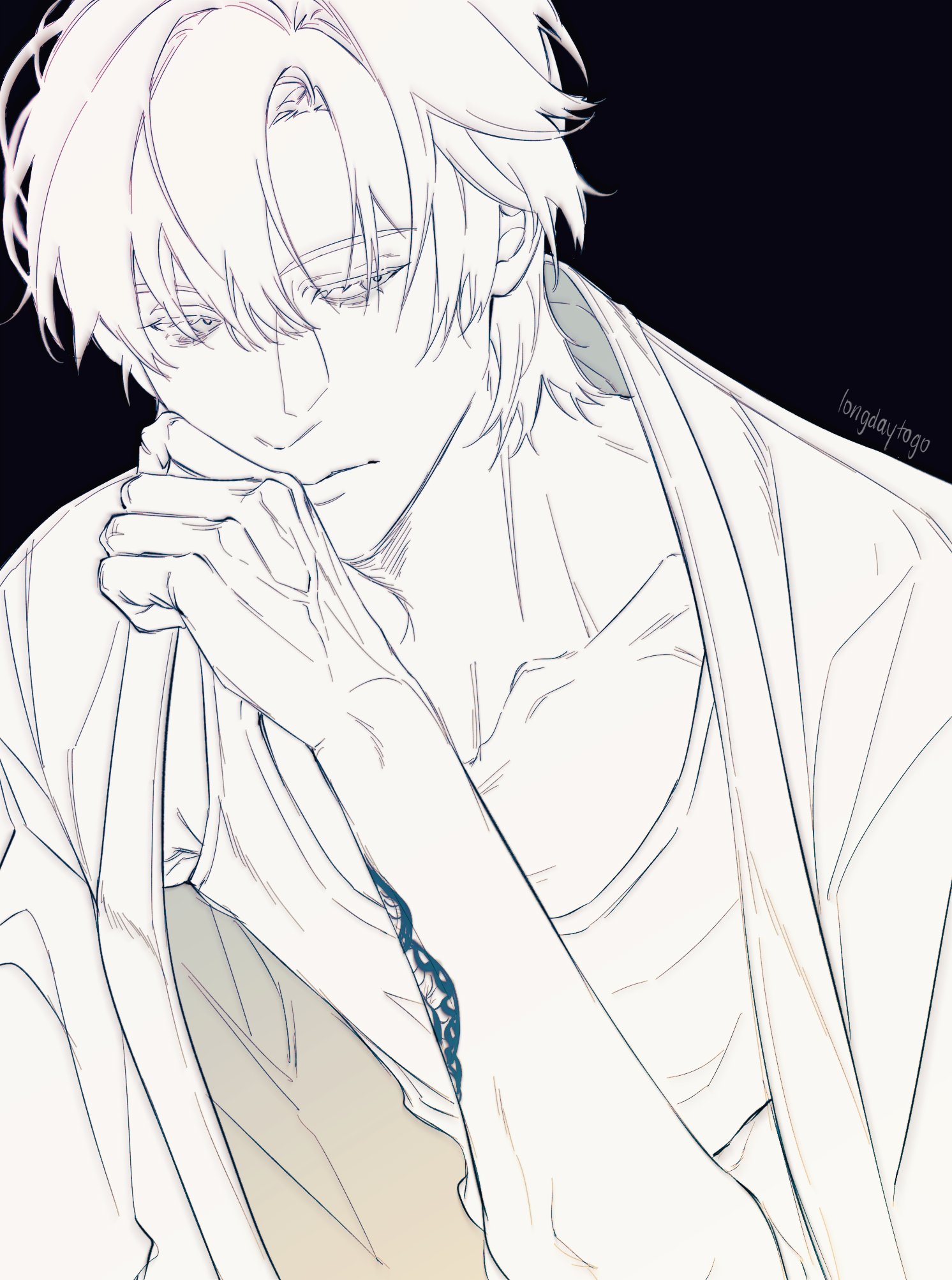 the image is a monochrome animestyle illustration or drawing of a young man with long, lightcolored hair. he is depicted from the chest up, and his face is partially obscured by his hand, which is resting near his chin. his expression is thoughtful or slightly melancholic. he is wearing a robelike garment that drapes loosely around his shoulders and upper body.  the style is clean and elegant, emphasizing lines and shading to suggest form and texture.  a subtle tattoo is visible on his forearm.  the artist's signature, "longdaytogo," is subtly placed in the upper right corner. the background is a solid black, enhancing the contrast and focus on the figure.