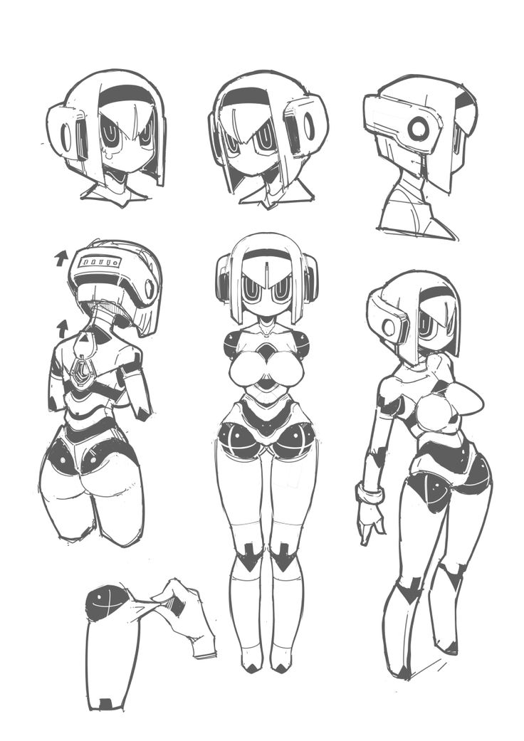 this is a black and white character design sheet showing a female robot from various angles.  she is drawn in a stylized, almost chibi style with exaggerated proportions.  the artist has included details of the character's joints and articulation, as well as some expressions.  there is also a small detail of the robot's arm being pulled back to show its flexibility.