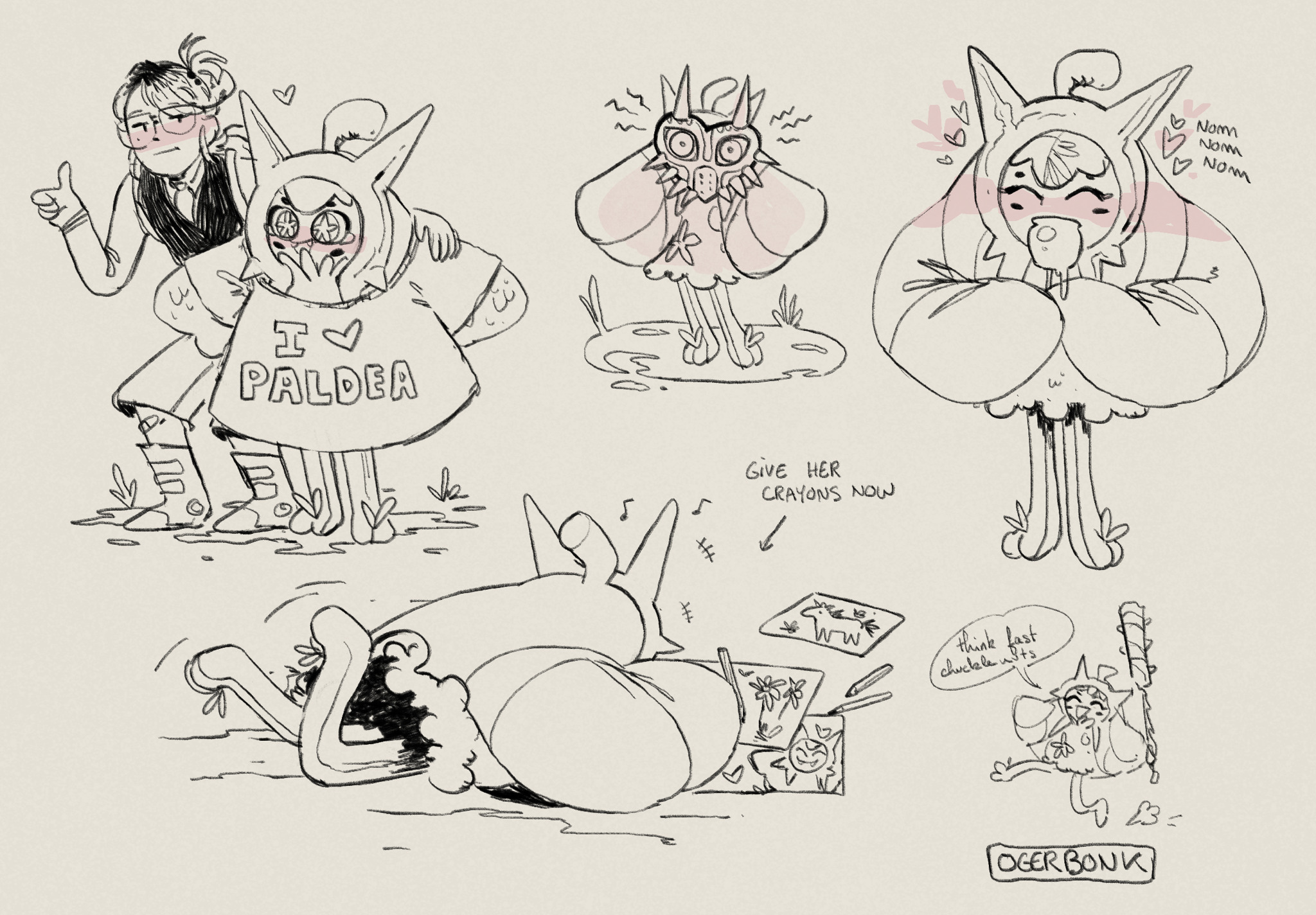 the image is a collection of humorous sketches featuring a woman wearing a pokemon scarlet and violet themed hoodie with the text "i ❤️ paldea". she is seen posing for a photo with a companion, encountering a korok from the legend of zelda series, and reacting joyfully to receiving art supplies. the drawings have a whimsical, energetic style, with humorous annotations and exaggerated expressions.