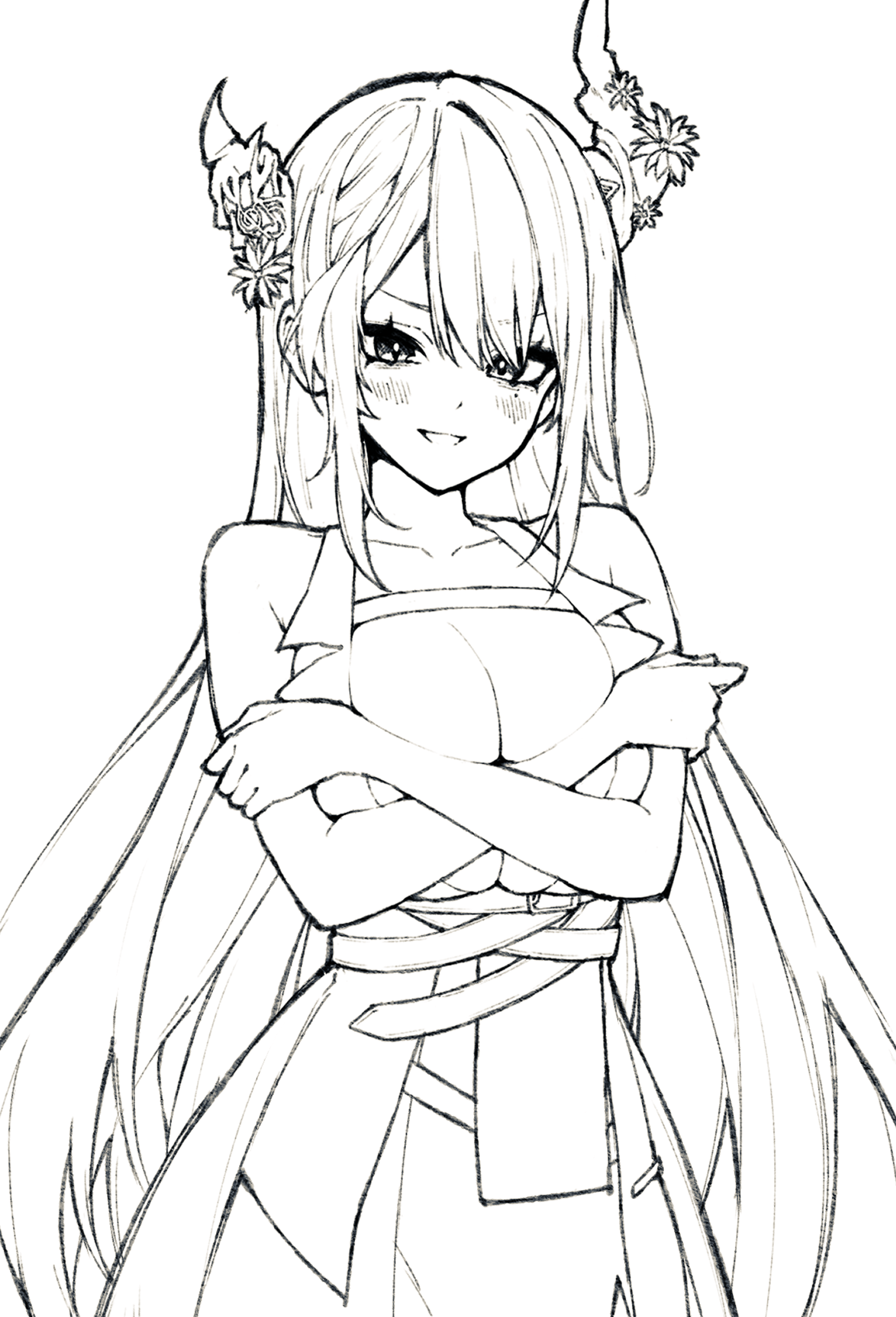 a line drawing of an animestyle girl with long hair, horns, and flowers in her hair. she is wearing a dress and has her arms crossed. she has a confident and cute expression. the drawing is in black and white and is done in a sketchy style.