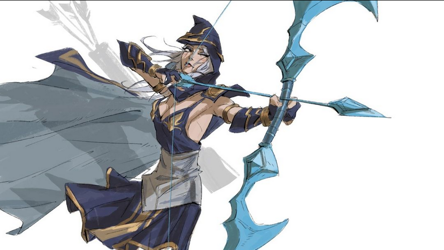 an animestyle drawing of a woman in a blue hooded outfit, drawing a bow with an arrow. the bow is shaped like a large curved blade, and the arrow is sharp and pointed. she is standing with her left leg raised in a fighting pose, and the drawing is done in a bright and colorful style.
