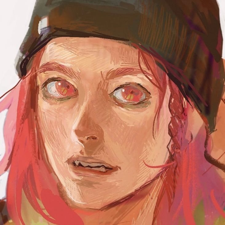 a closeup portrait of a woman with pink hair wearing a brown beanie, with her eyes focused on something in the distance. she has a serious expression on her face and her eyes are wide and focused.