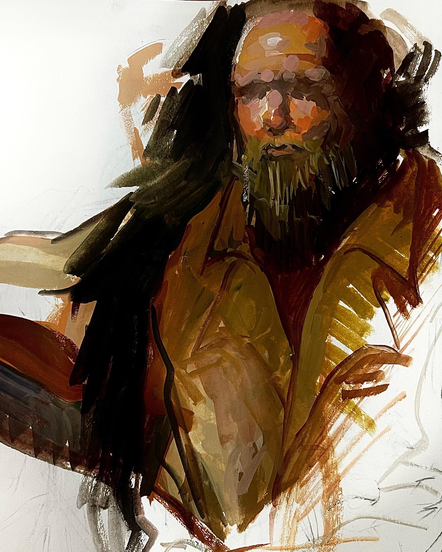 the image is a painting of a man with a beard. he is wearing a brown jacket and has long dark hair. the painting is done in a loose, expressive style. the man is looking slightly to the left of the viewer. he appears to be seated. the background is mostly white.