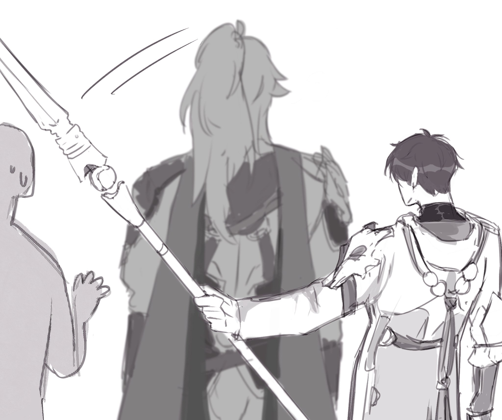this is a sketch of three anime characters.  the character in the center is holding a spear. the character on the right is walking away from the other two characters. the character on the left appears to be watching the two on the right.  the drawing is in grayscale.