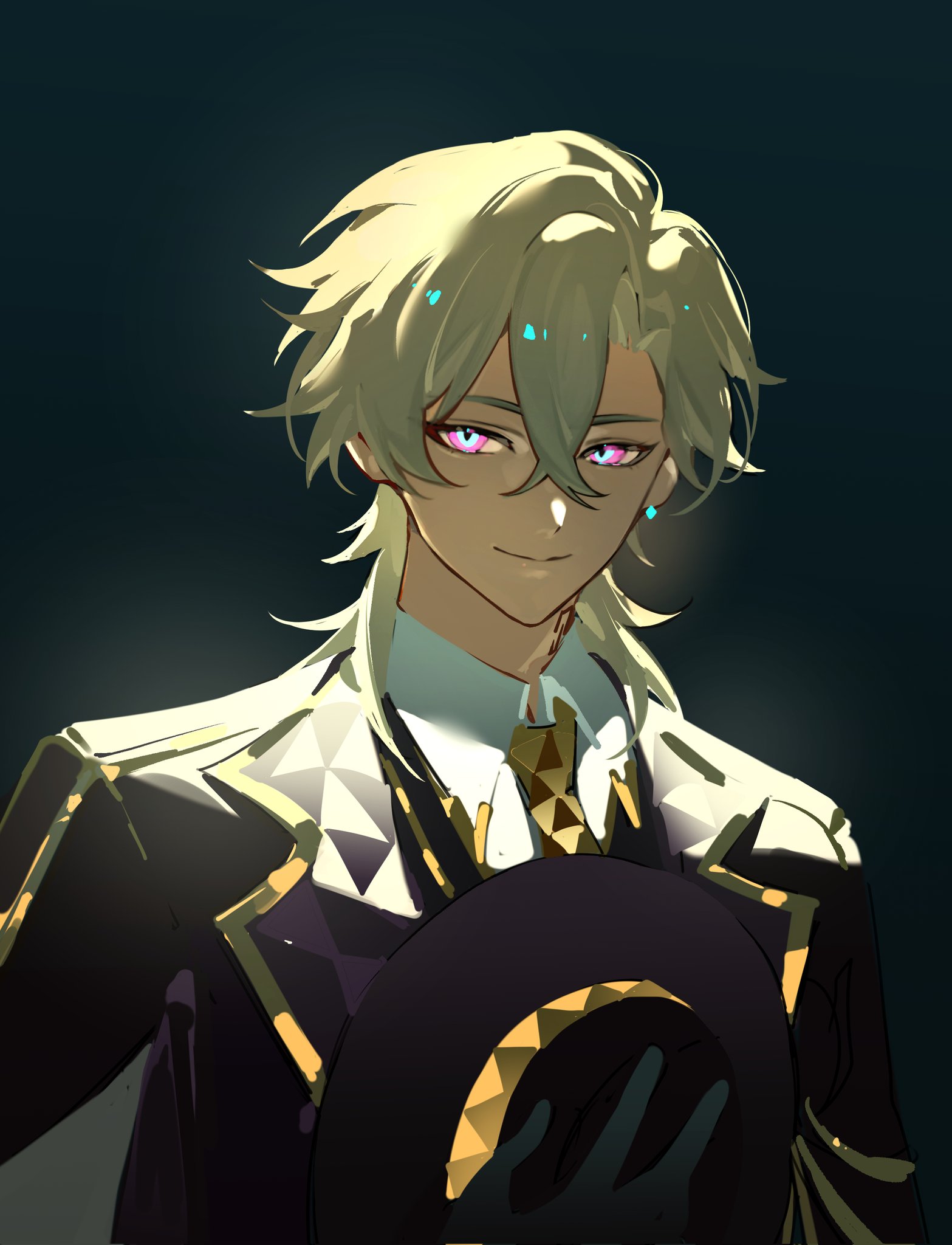 this is a digital painting of an animestyle man with blond hair, dressed in a fine suit and a hat. he is looking at the viewer with a serious expression. the painting has a dark background and a strong sense of style and mystery.  the art deco and vintage elements are used to create a stylish and enigmatic look.