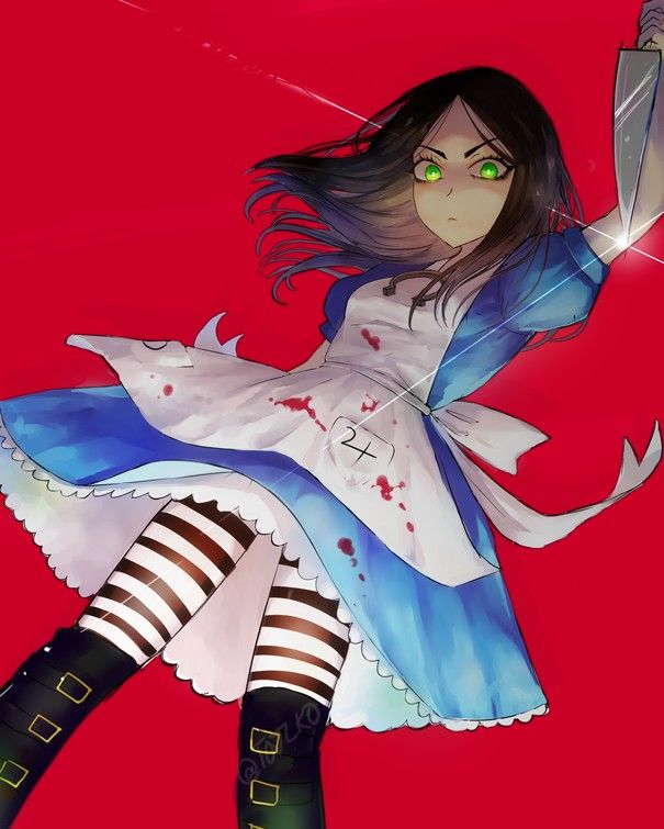 this is an animestyle depiction of alice from alice in wonderland. she is dressed in a white and blue dress with a blood stain. she has long black hair, green eyes, and is holding a knife. she has black and white striped stockings and black boots. the background is a solid red.